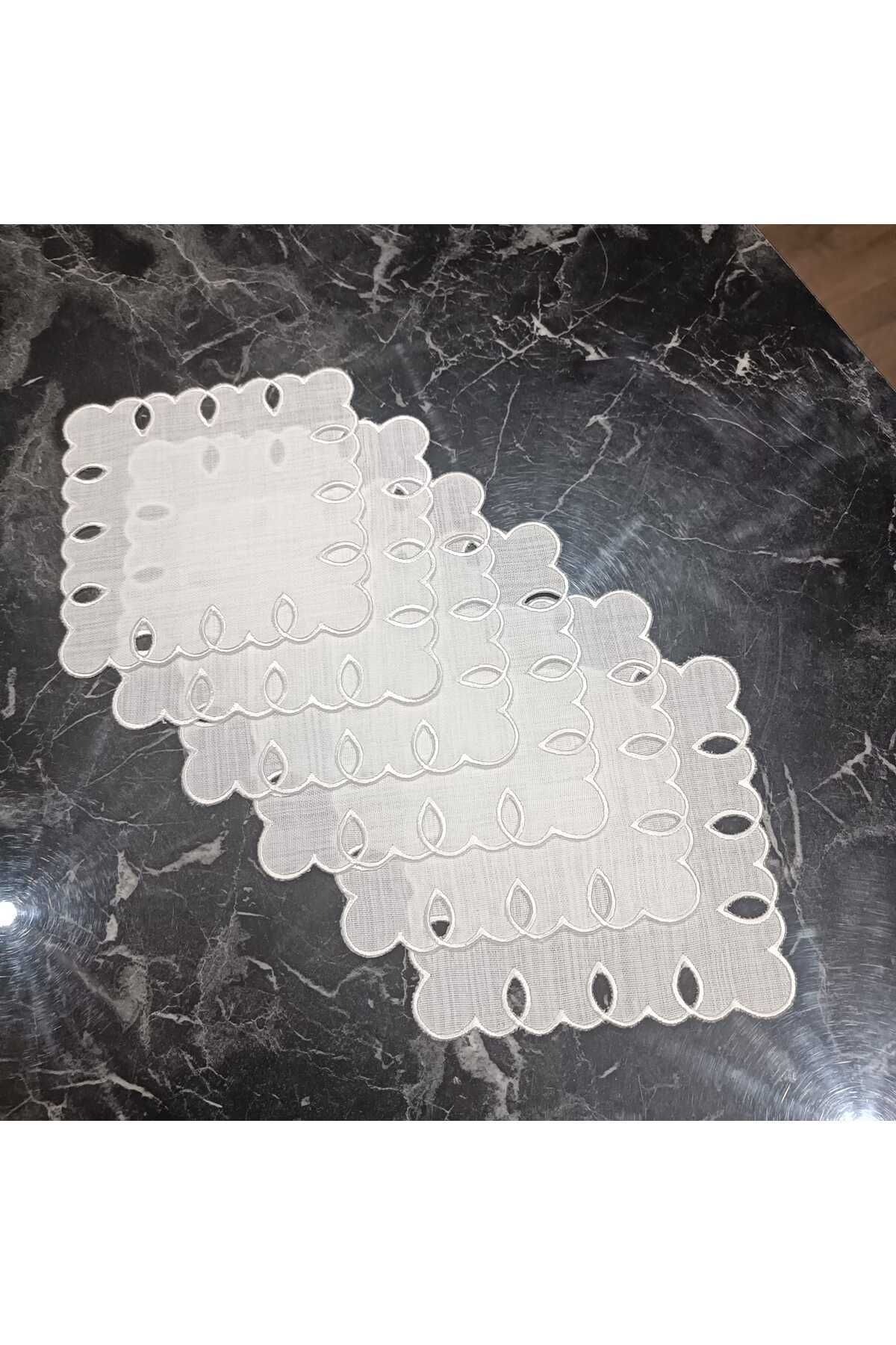 adreanna beyaz renk işlemeli kahve yanı, sunum peçetesi ve kokteyl peçetesi 6 adet