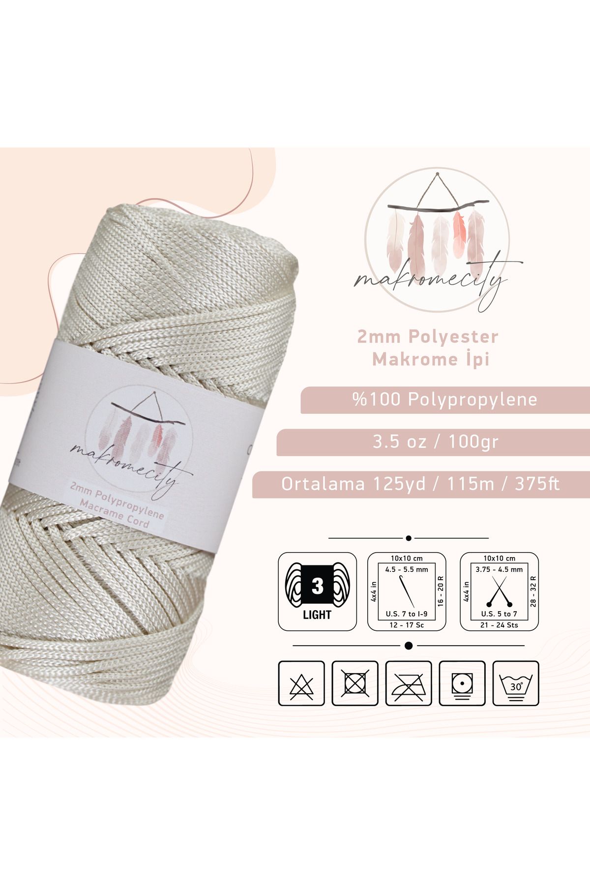 Makromecity-Premium 100 Gr Polyester Macrame Thread Ecru 2mm - 120 M Supla Thread And Bag Thread 3