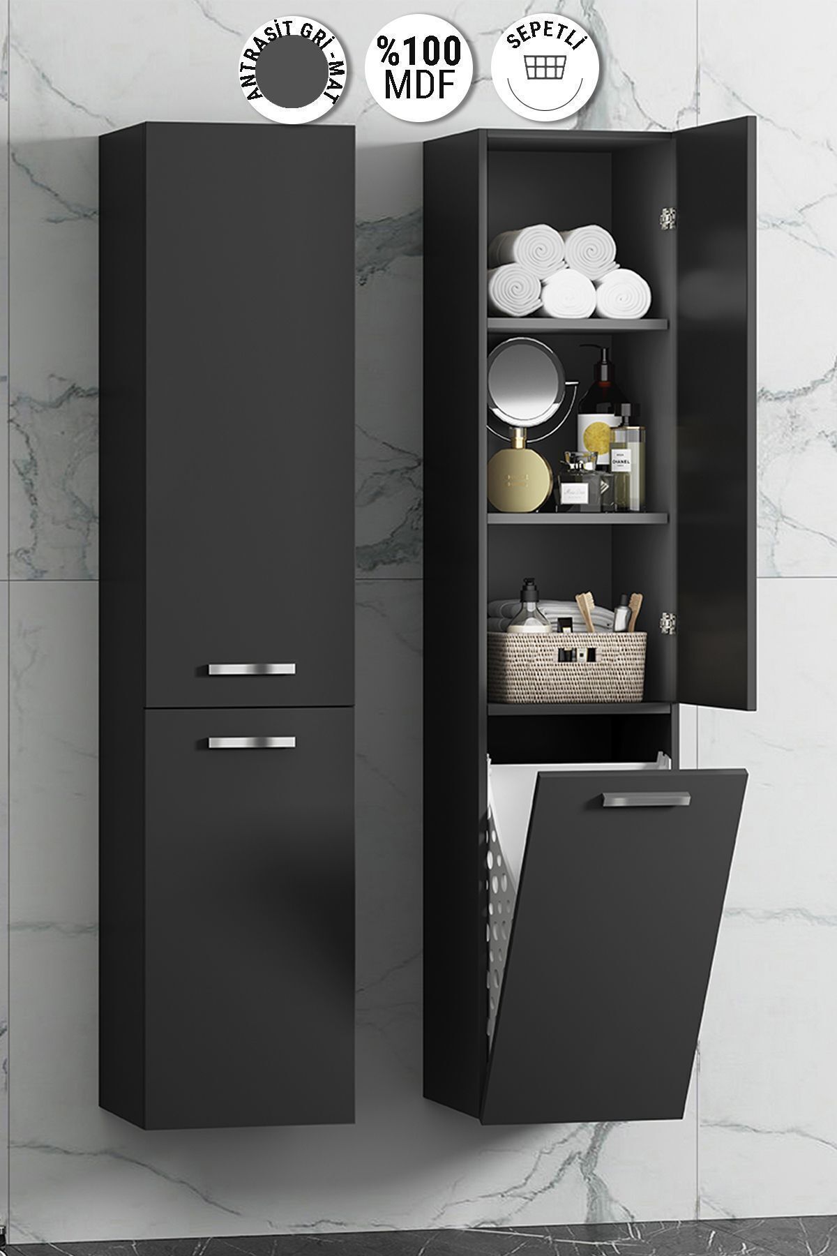 Yeni Boy 35*167 cm Antrasit Gri Mat MDF Sepetli Asma Banyo Boy Dolabı