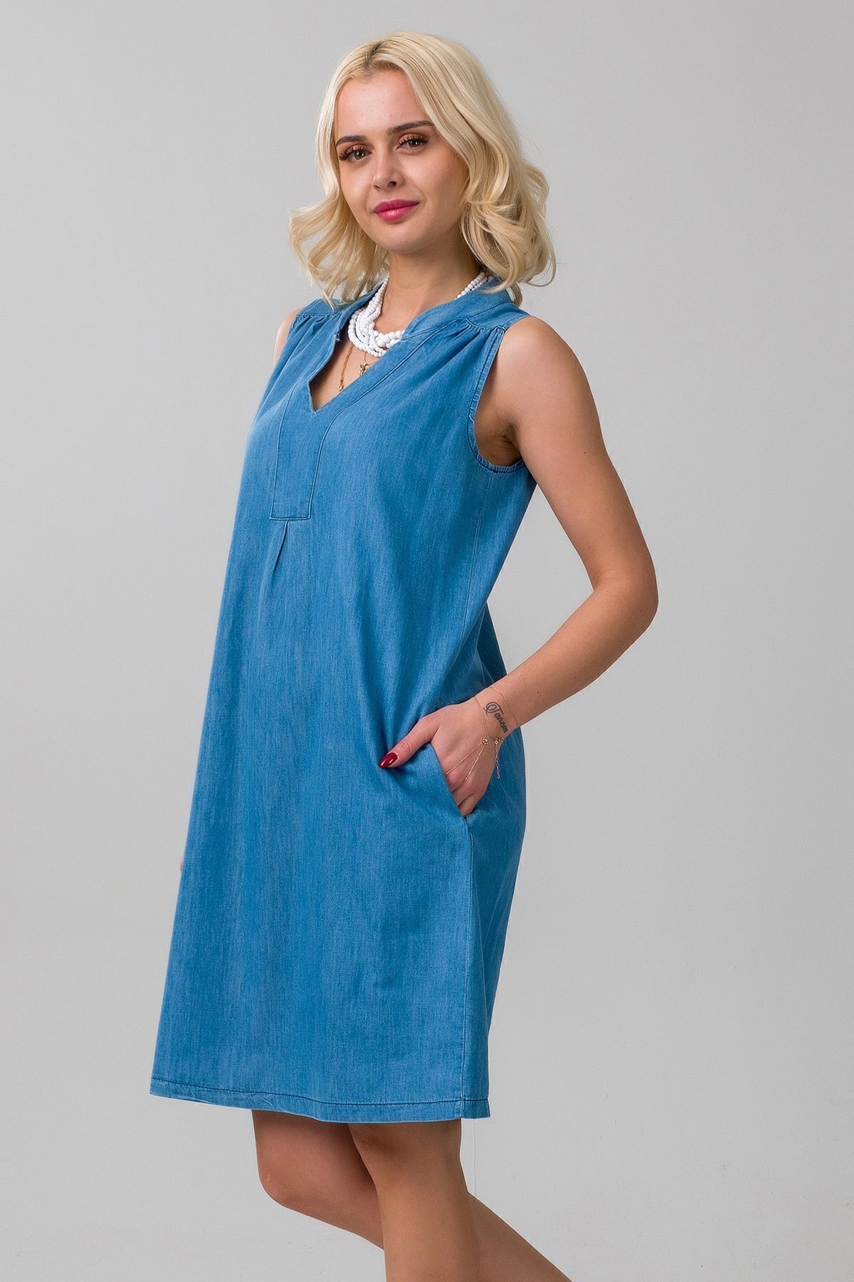 Bold & Young-Rochie de damă subțire din denim, din bumbac spălat, albastru deschis, cu buzunare 3