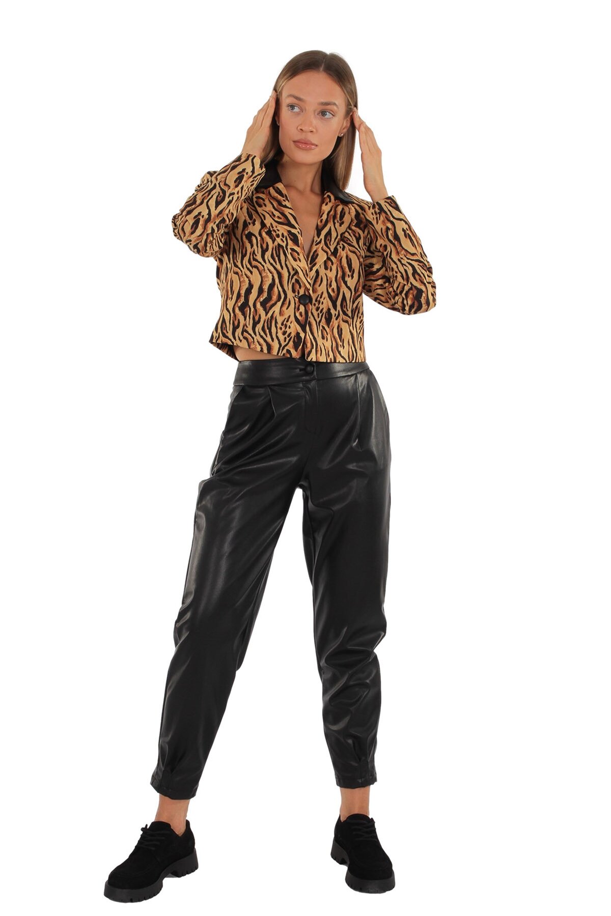 Saffron Leather Collared Women's Suit with Leopard Short Jacket and Leather Trousers Combination