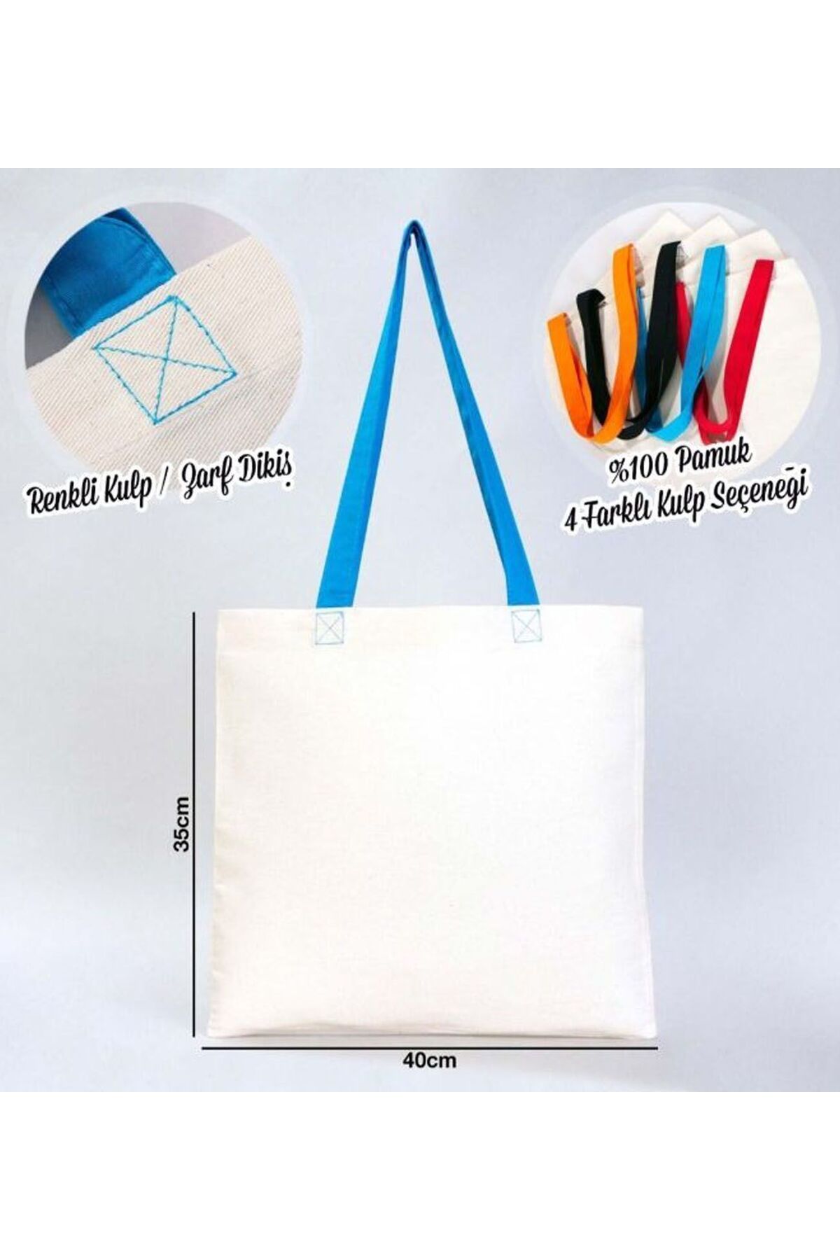 Bk Gift-Didim Turquoise Handle Gabardine Cloth Bag - 40x35cm, Printed Shoulder Bag, Shopping 2