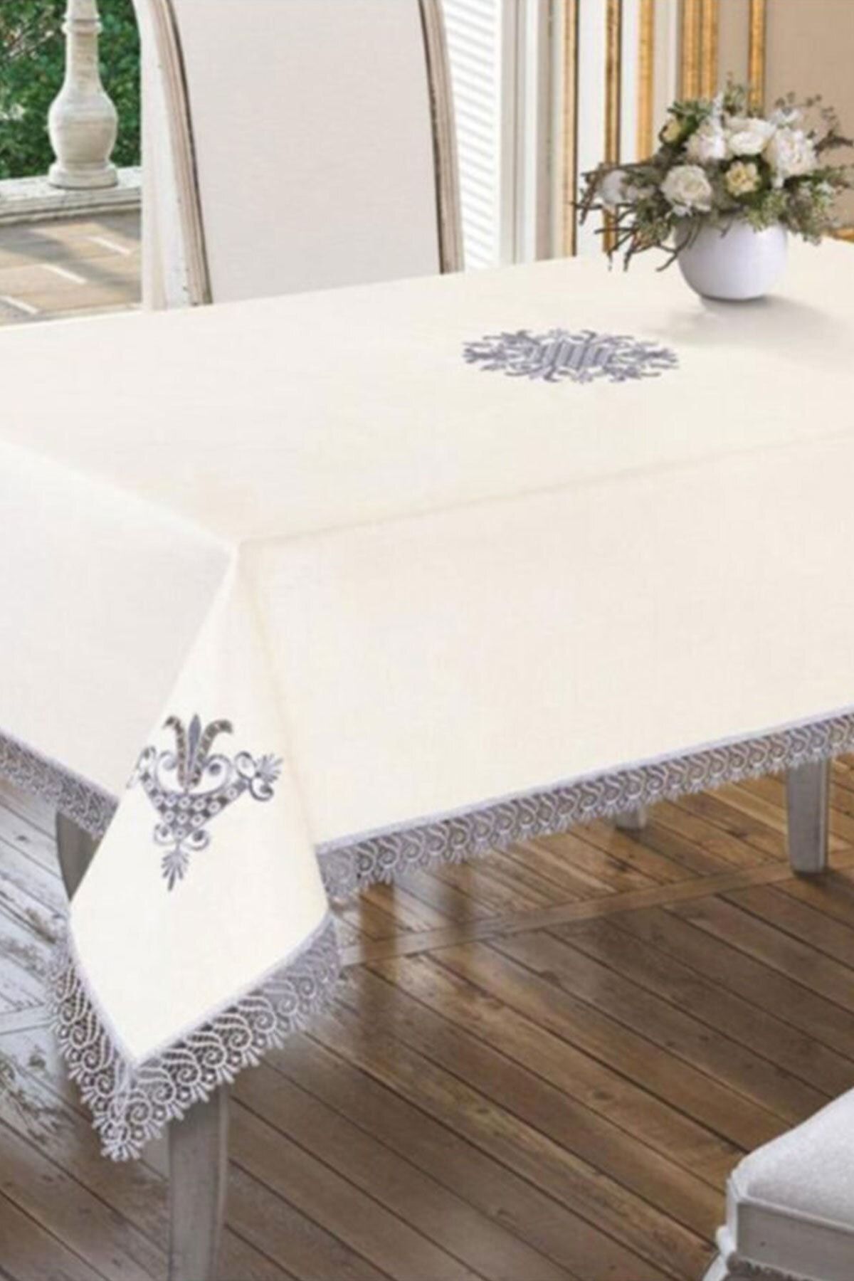 Çeyiz Diyarı Tulip Embroidered Es Laced Tablecloth - Cream Gray
