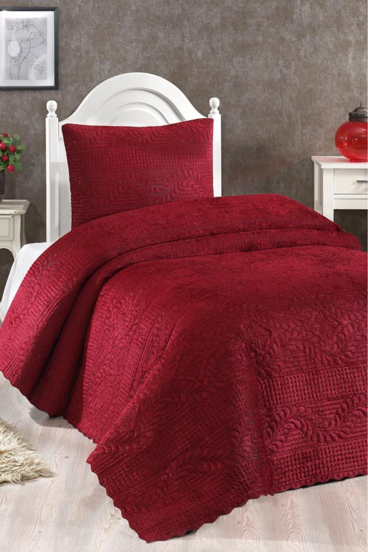 Çeyiz Diyarı Cuvertura De Pat Velica Single Din Catifea Rosie Claret - One Size