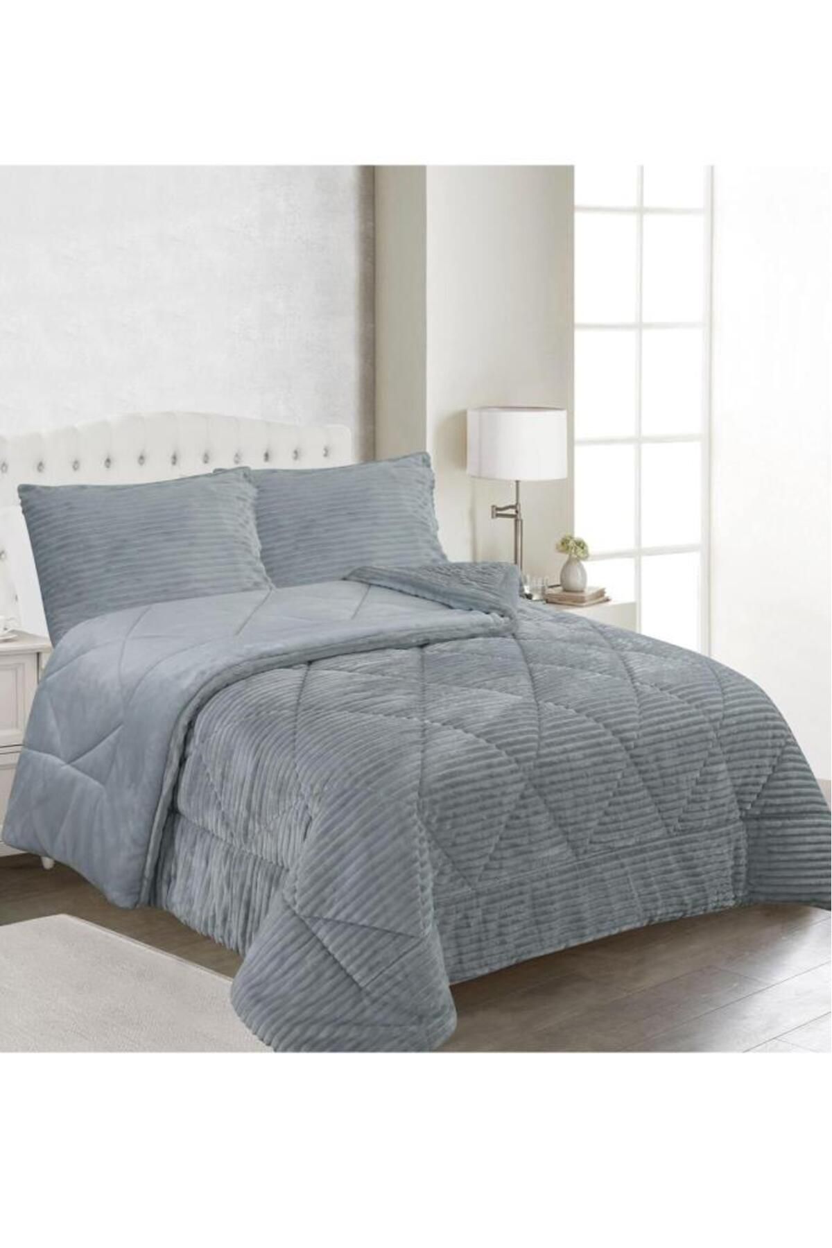 Çeyiz Diyarı-Ece Stripe Double Plush Bedspread Gray 2