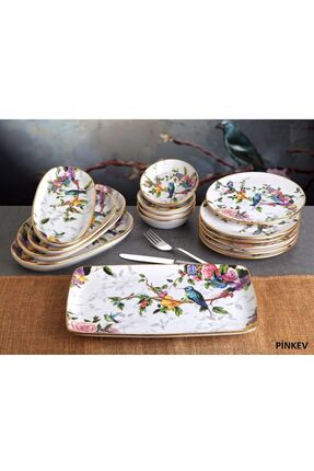Pinkev Flora 15 Parça 6 Kişilik Seramik Kahvaltılık Kahvaltı Pasta Sunum Taba...