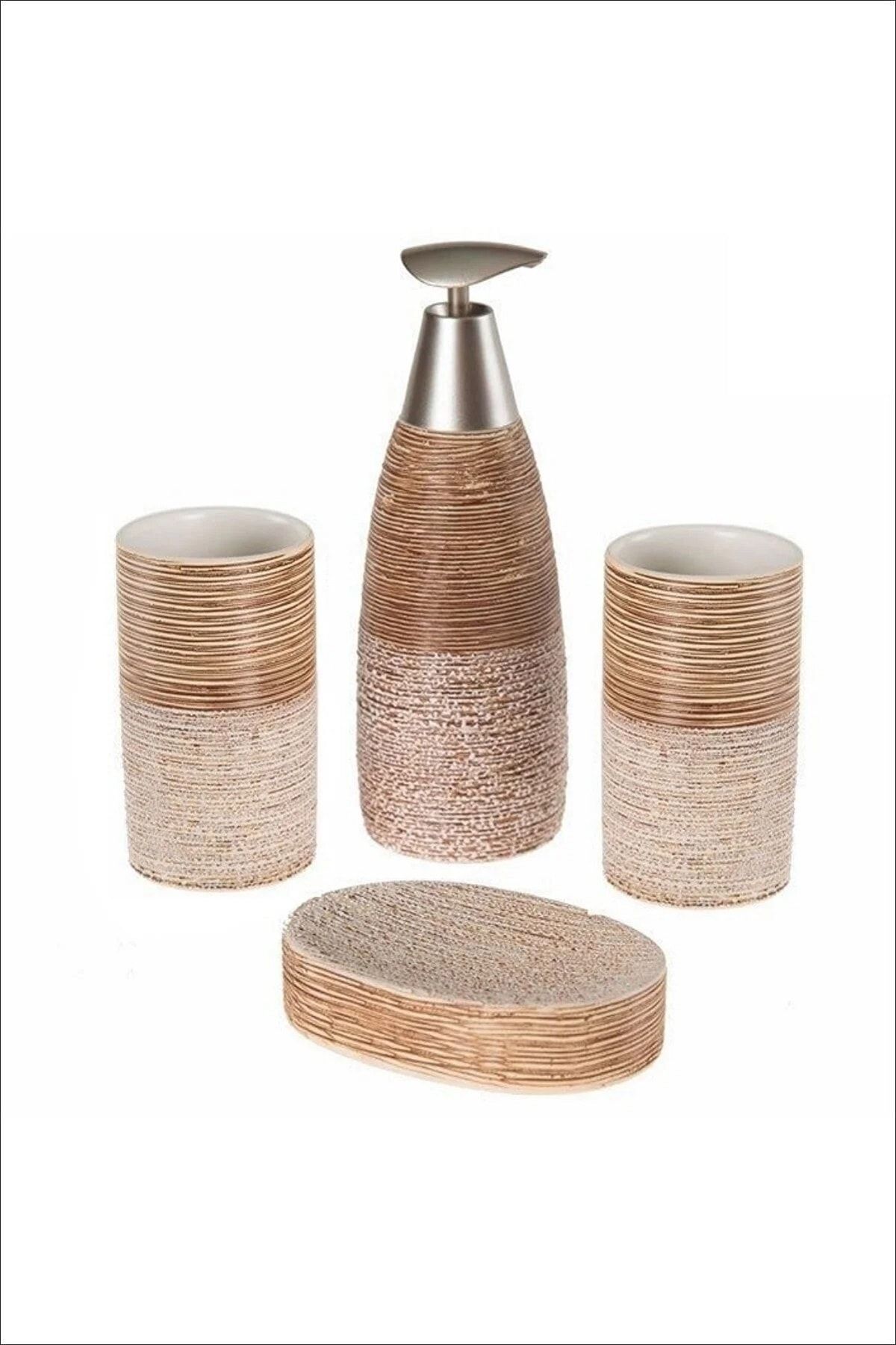 Pinkev-4 Piece Ceramic Liquid Soap Bath Set - Brown 1