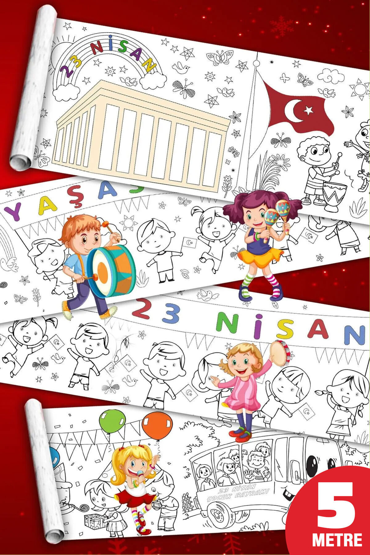 PopŞeker 23 Nisan Çocuk Bayramı - Dev Boyama Kağıdı - Boyama Rulosu - Büyük Boy 5 Metre Uzunluk