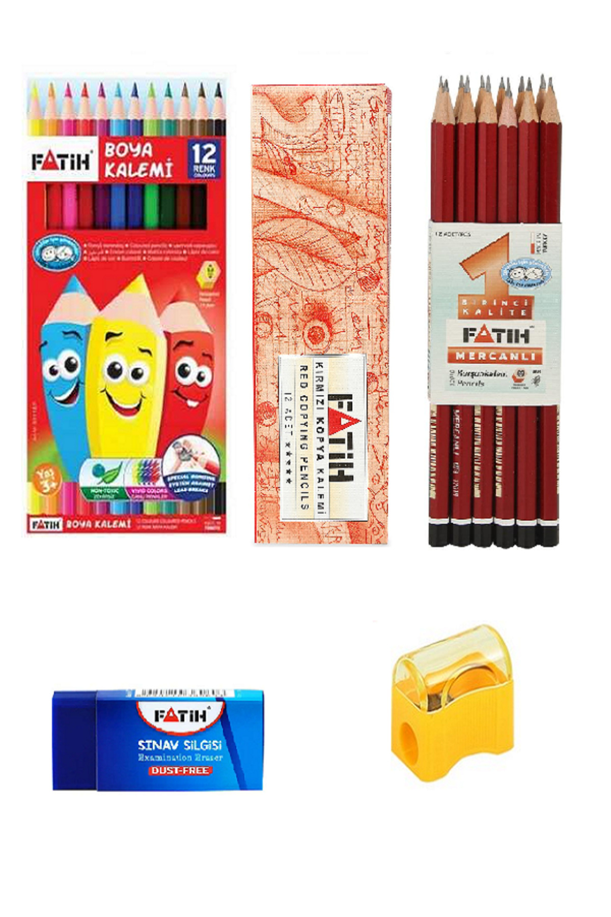 Fatih FATİH 12'Li Kuru Boya - 12'Li Kurşun Kalem - 12'Li Kırmızı Kalem - Silgi Kalemtraş (Toplam 38 Parça)