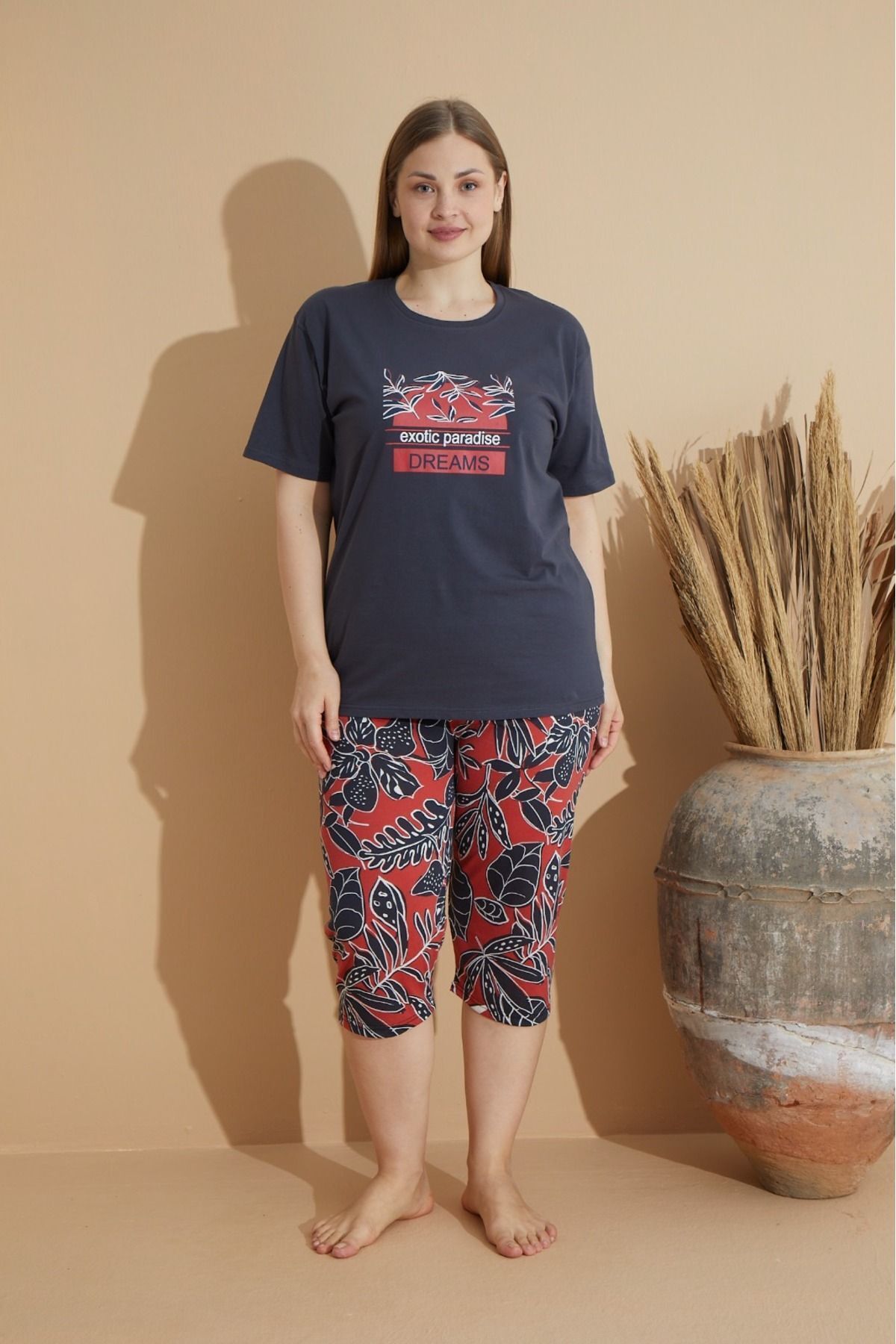 makkash-Σετ πιτζάμας Μπλε Navy Printed Combed Cotton Capri - Bermuda Plus Size Pijama 6