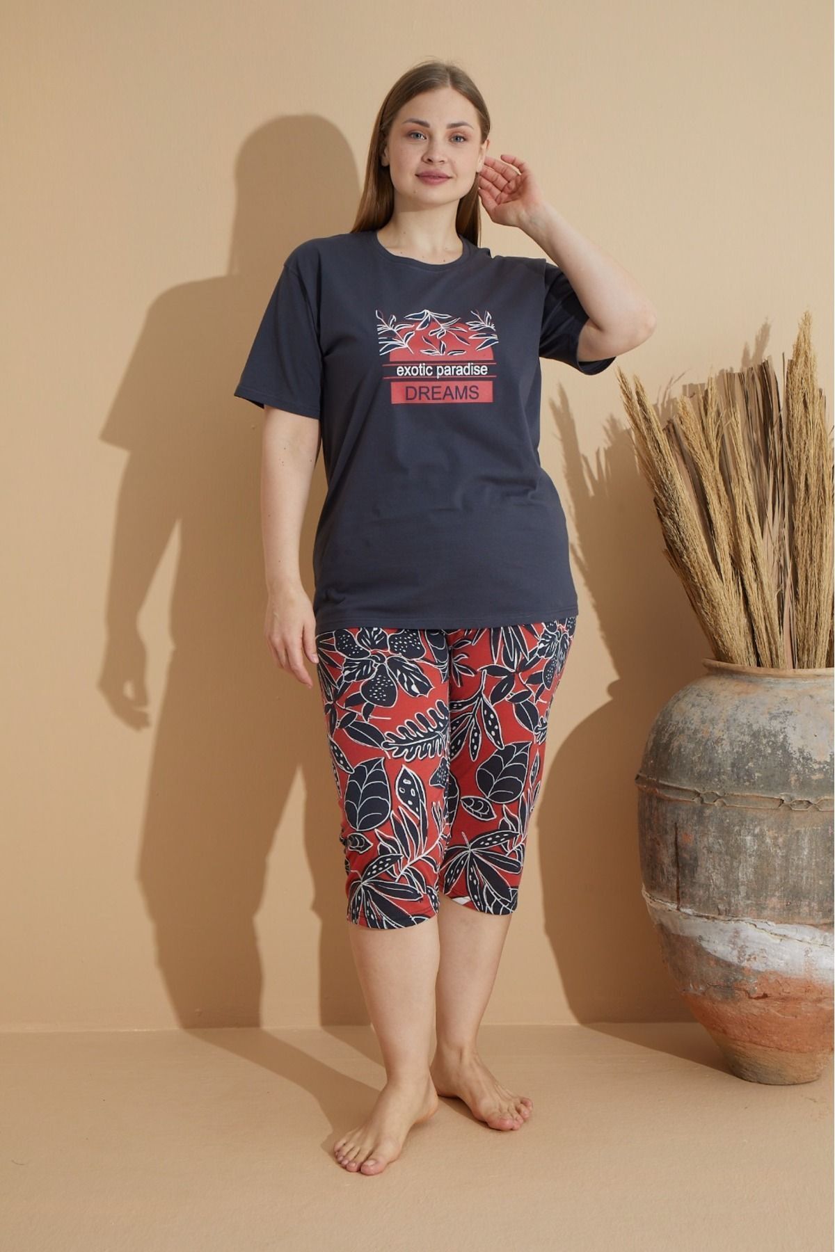 makkash-Σετ πιτζάμας Μπλε Navy Printed Combed Cotton Capri - Bermuda Plus Size Pijama 4