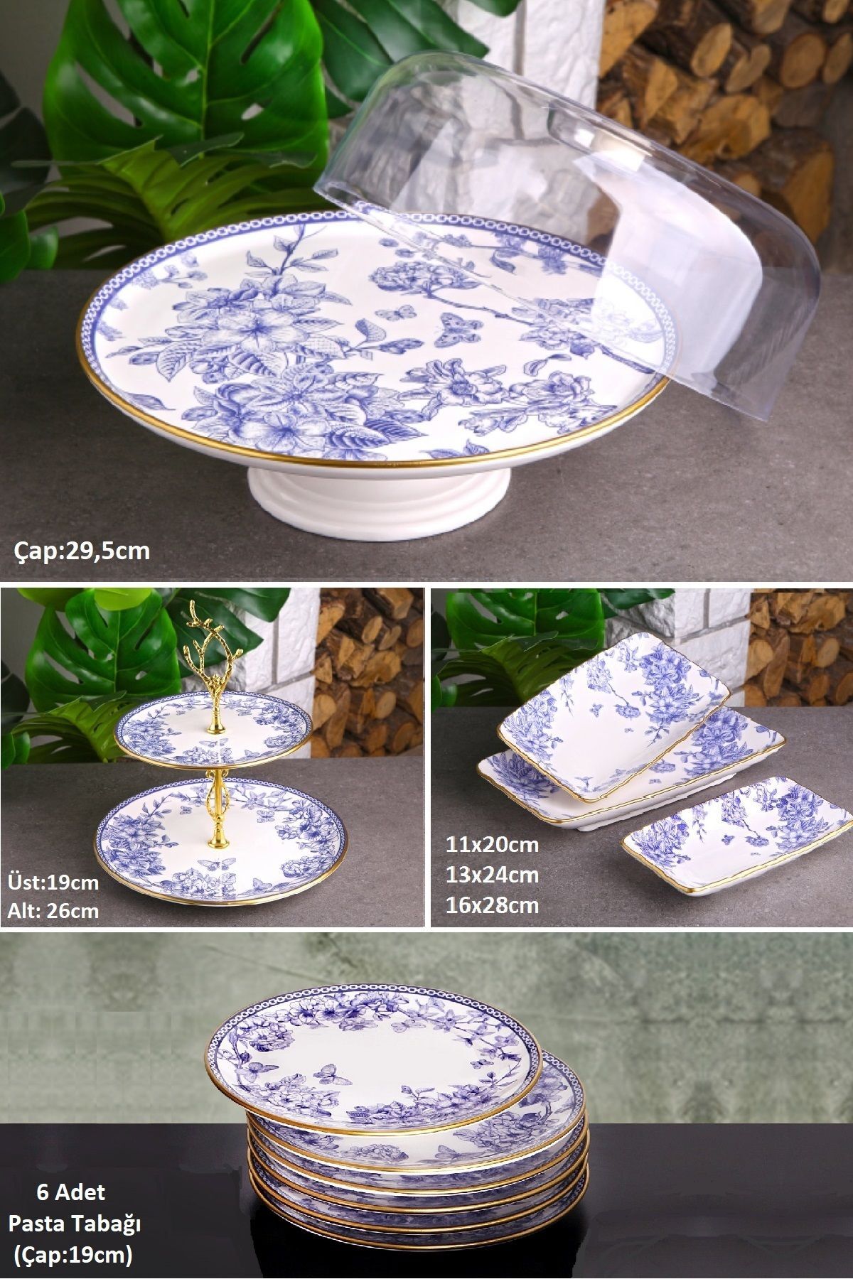 Pinkev Butterfly 11 Piece Ceramic Cake Presentation Plate Set with Dome - Kup117S