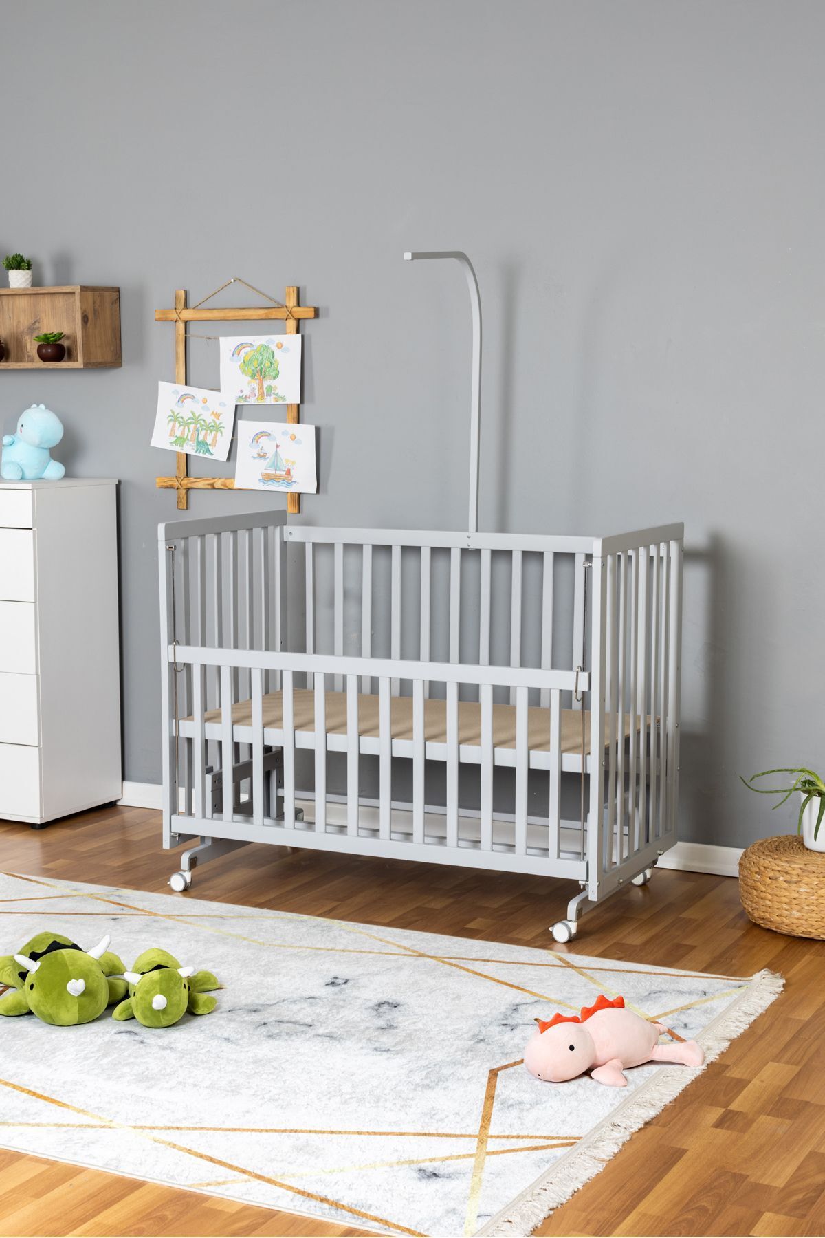 Bamgidoo Ahşap Bebek Beşiği Anne Yanı Beşik Gri 70x130 - Uyku Setsiz Yataksız Tekerlekli