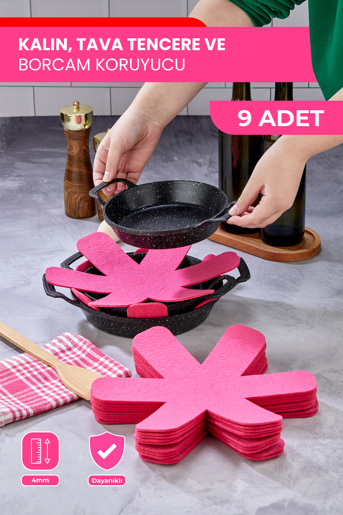 Self Power KALIN TAVA,TENCERE VE BORCAM KORUYUCU 9'LU SET ELYAF KEÇE FUŞYA