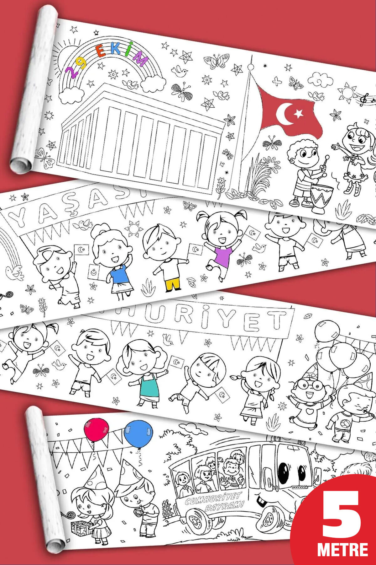 PopŞeker 29 Ekim Cumhuriyet Bayramı - Dev Boyama Kağıdı - Boyama Rulosu - Büyük Boy 5 Metre Uzunluk