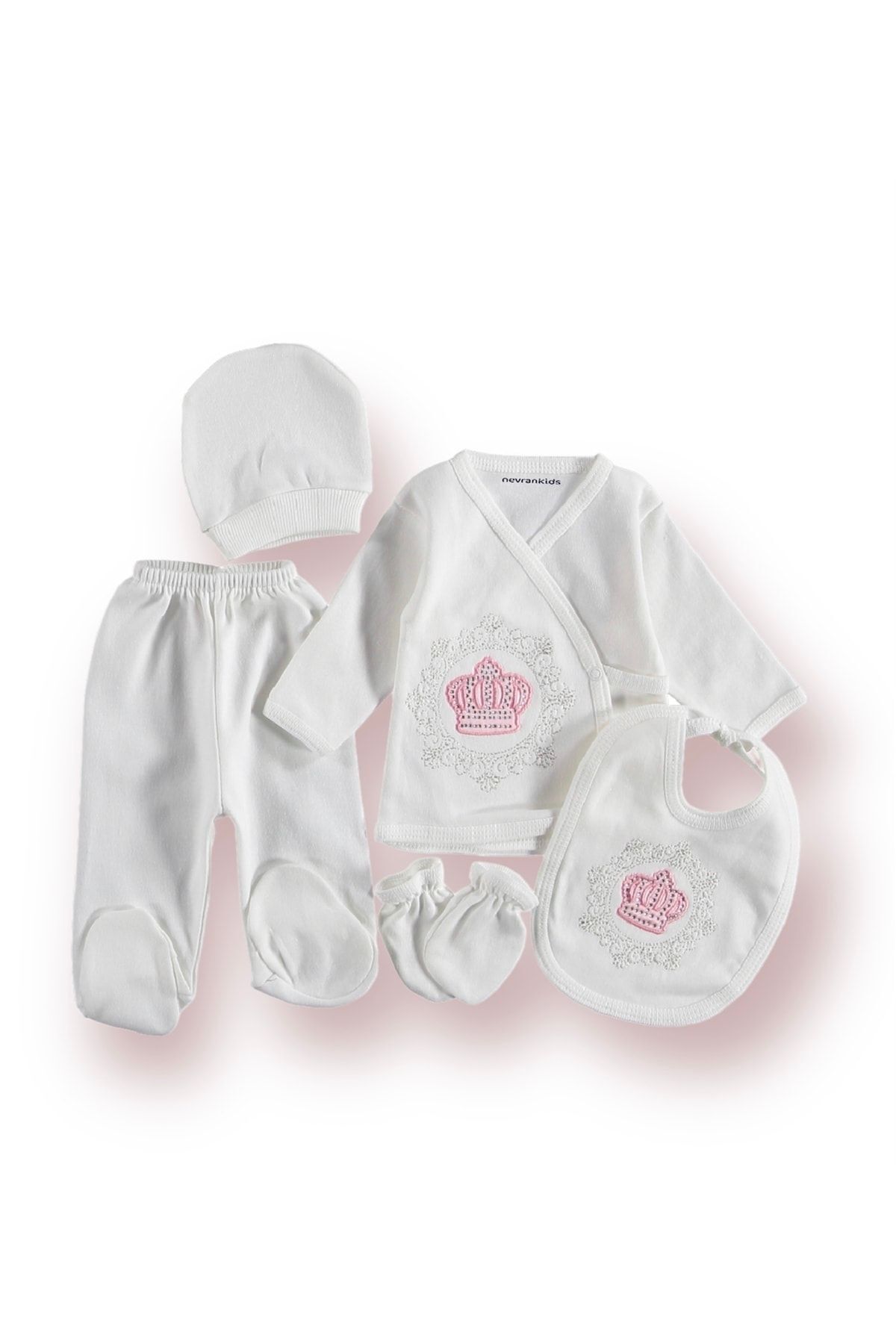 nevrankids Yeni Doğan Lüks Taç Desenli Kız Bebek 5li Hastane Çıkışı Zıbın Seti fotoğrafı 3 (önizleme)