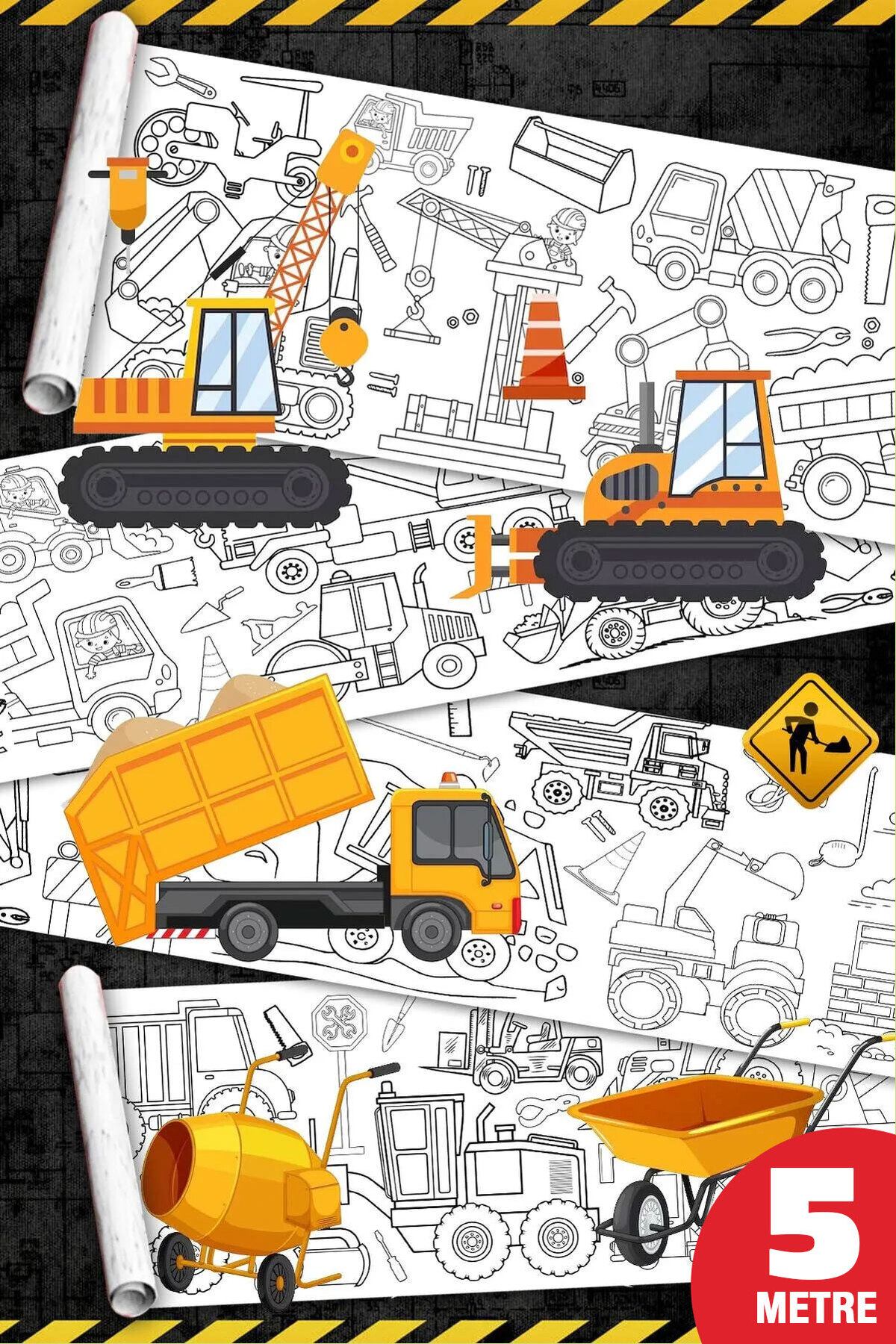 PopŞeker Inşaat Araçları Seti - Tır Vinç Kepçe- Dev Boyama Kağıdı - Boyama Rulosu - Büyük Boy 5 Metre Uzunluk