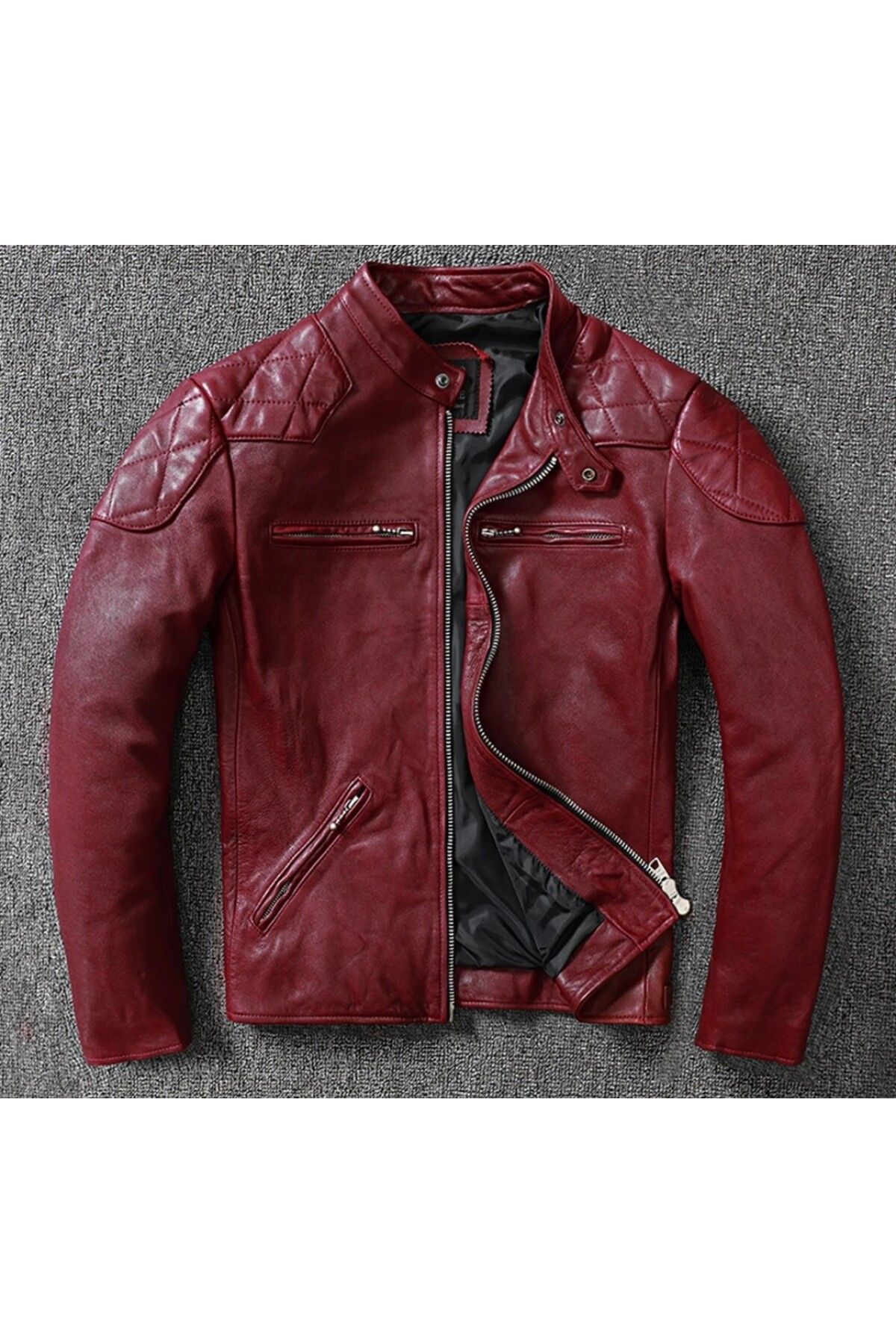 NYC GİYİM TEKSTİL Vintage motosiklet şarap kırmızı renk hakiki deri mont