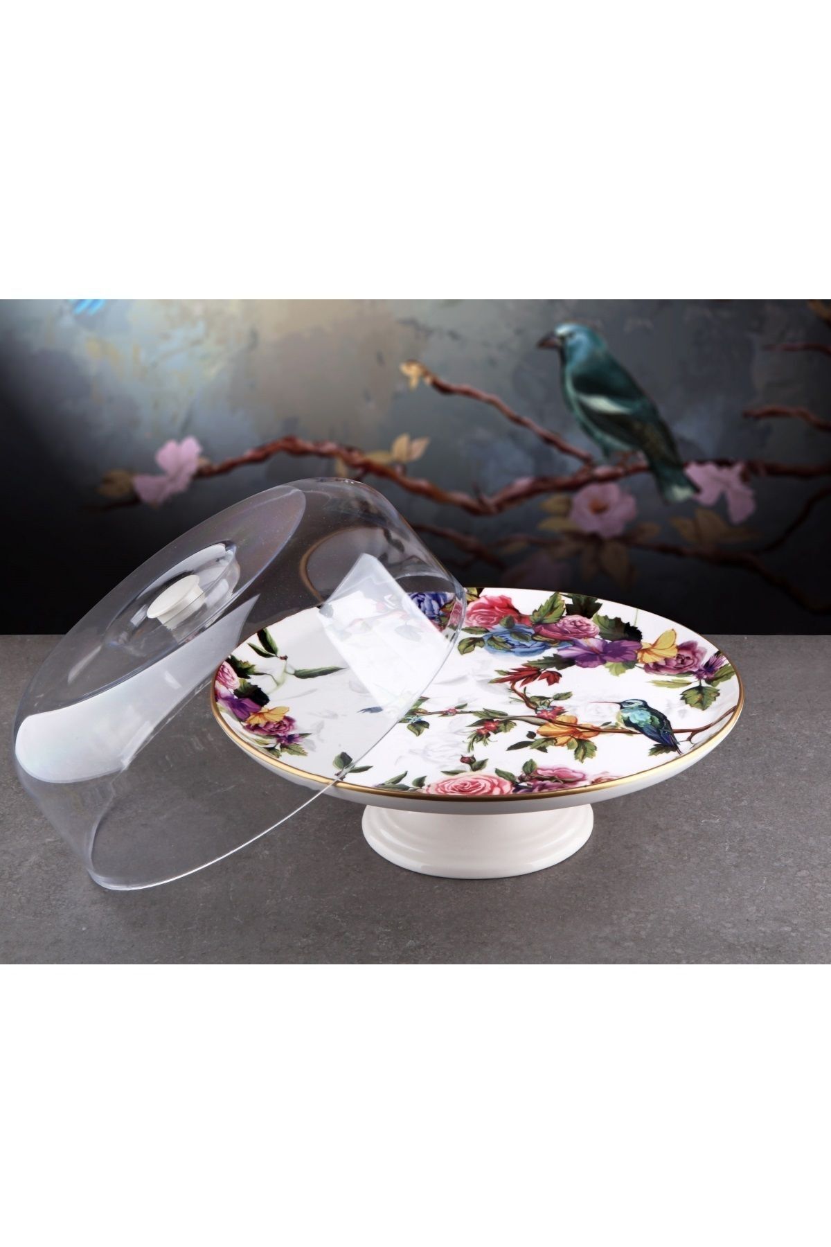 Pinkev-Flora 2-Piece Ceramic Layered Cookie Cake Presentation Plate Set with Dome - Kup123F 2