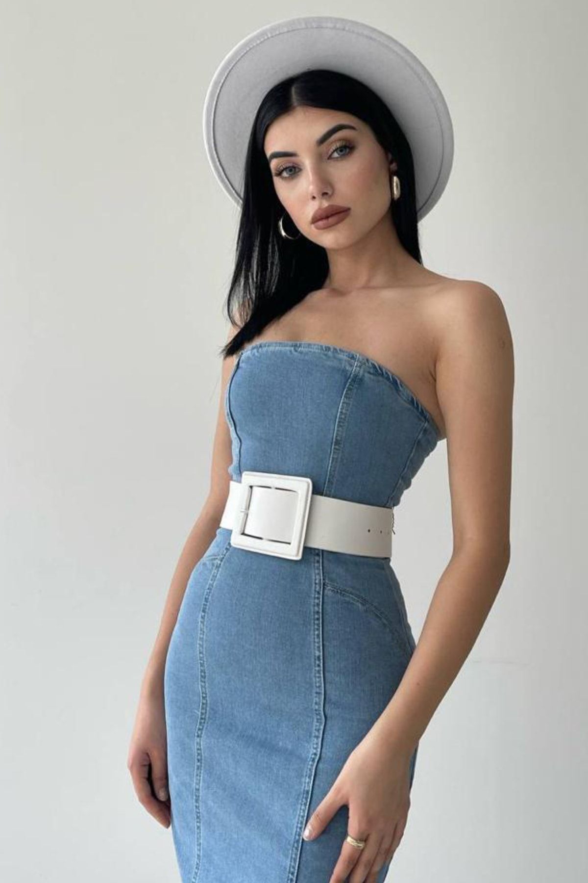 Özel Tasarım-Pánt nélküli farmer ruha Pánt nélküli farmer ruha Hosszú farmer ruha Farmer ruha öv nélkül 2