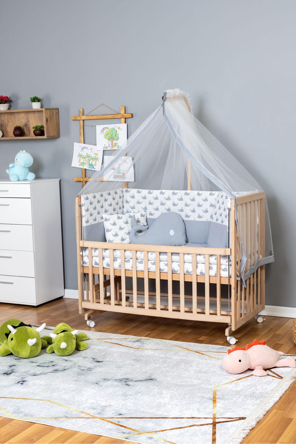 Bamgidoo Ahşap Beşik Anne Yanı Beşik Organik 70x130 - Gri Balina Uyku Seti + Yataklı + Tekerlekli