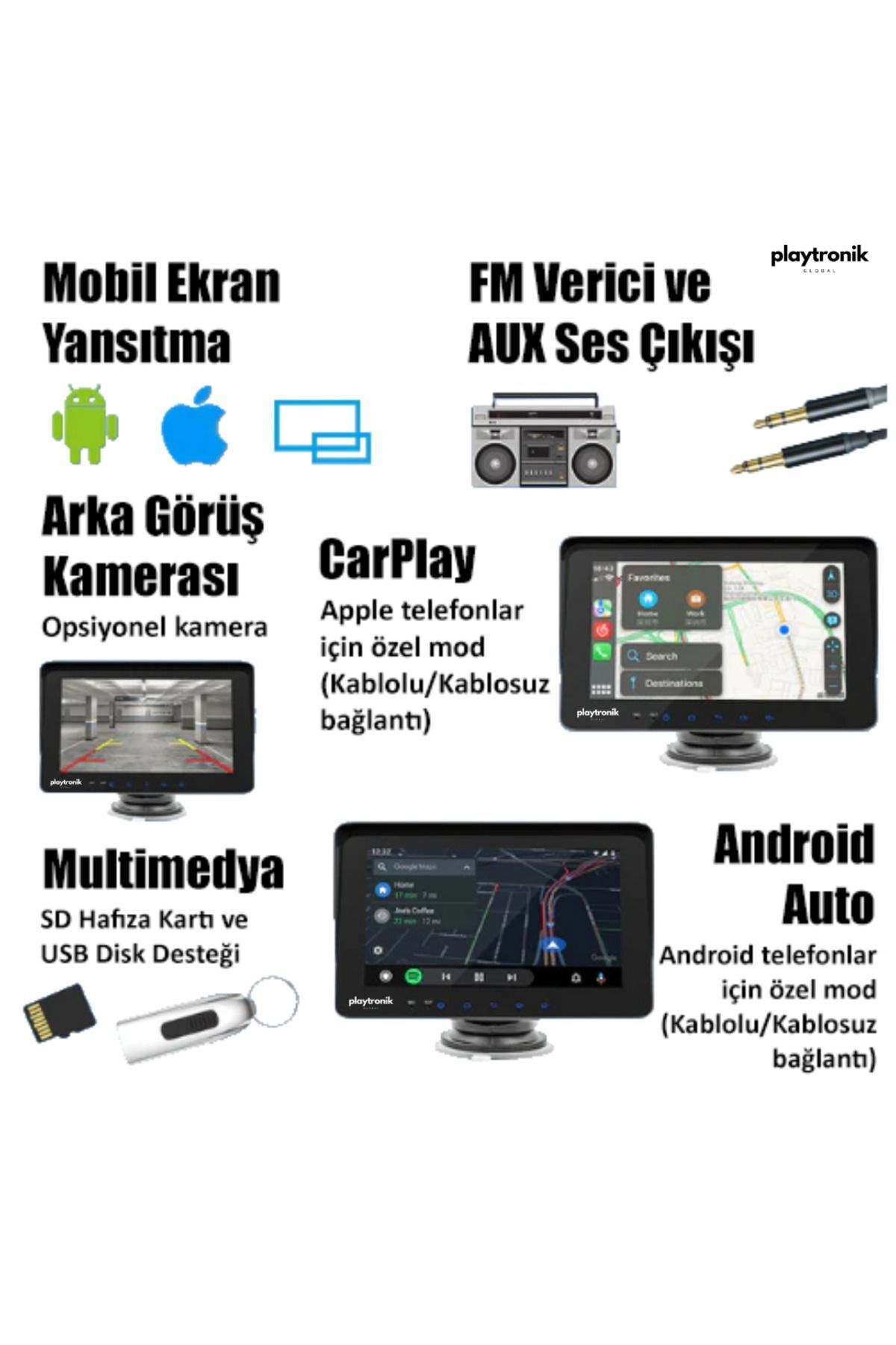 Playtronik-7" Plug Play Wireless Apple Carplay And Android Auto Auto Multimedia Vehicle Car Display Double Tape 4