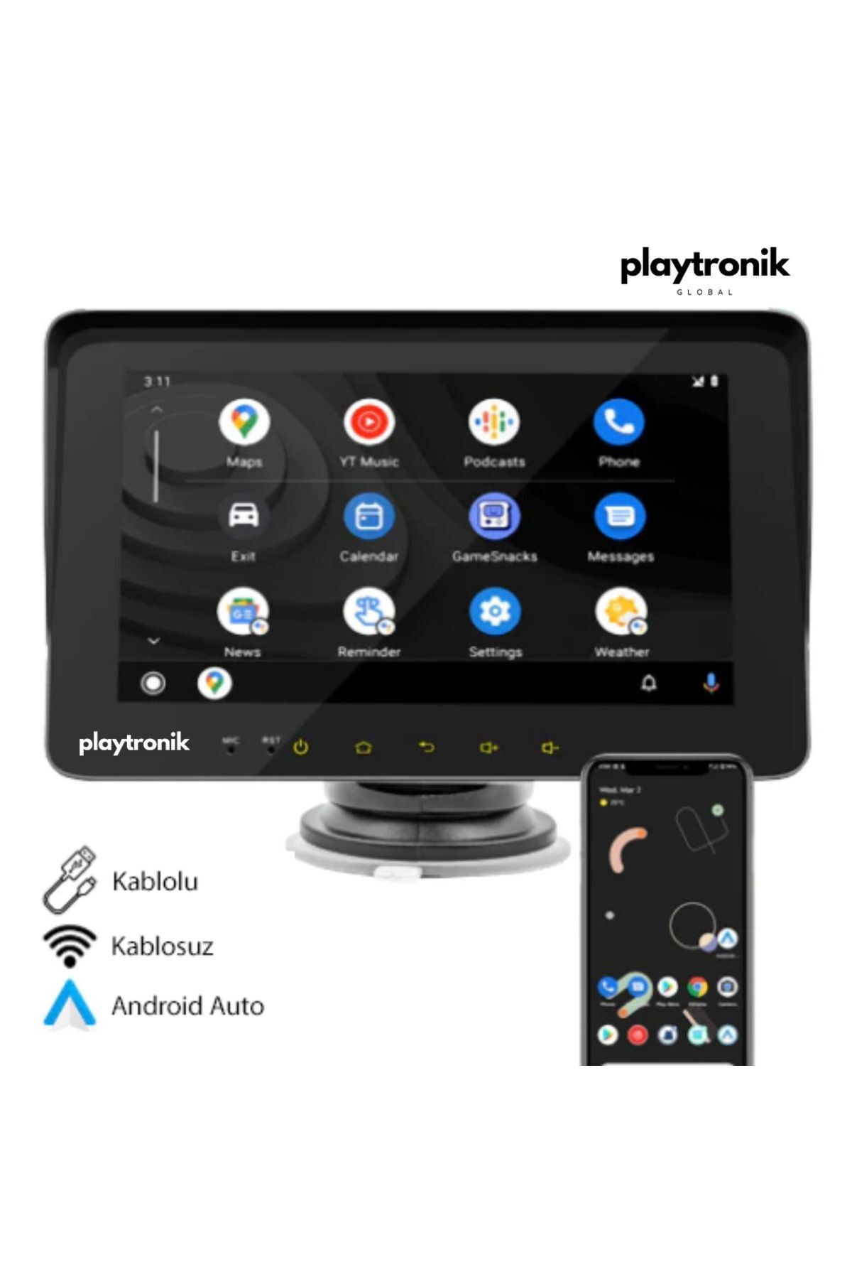 Playtronik-7" Plug Play Wireless Apple Carplay And Android Auto Auto Multimedia Vehicle Car Display Double Tape 3