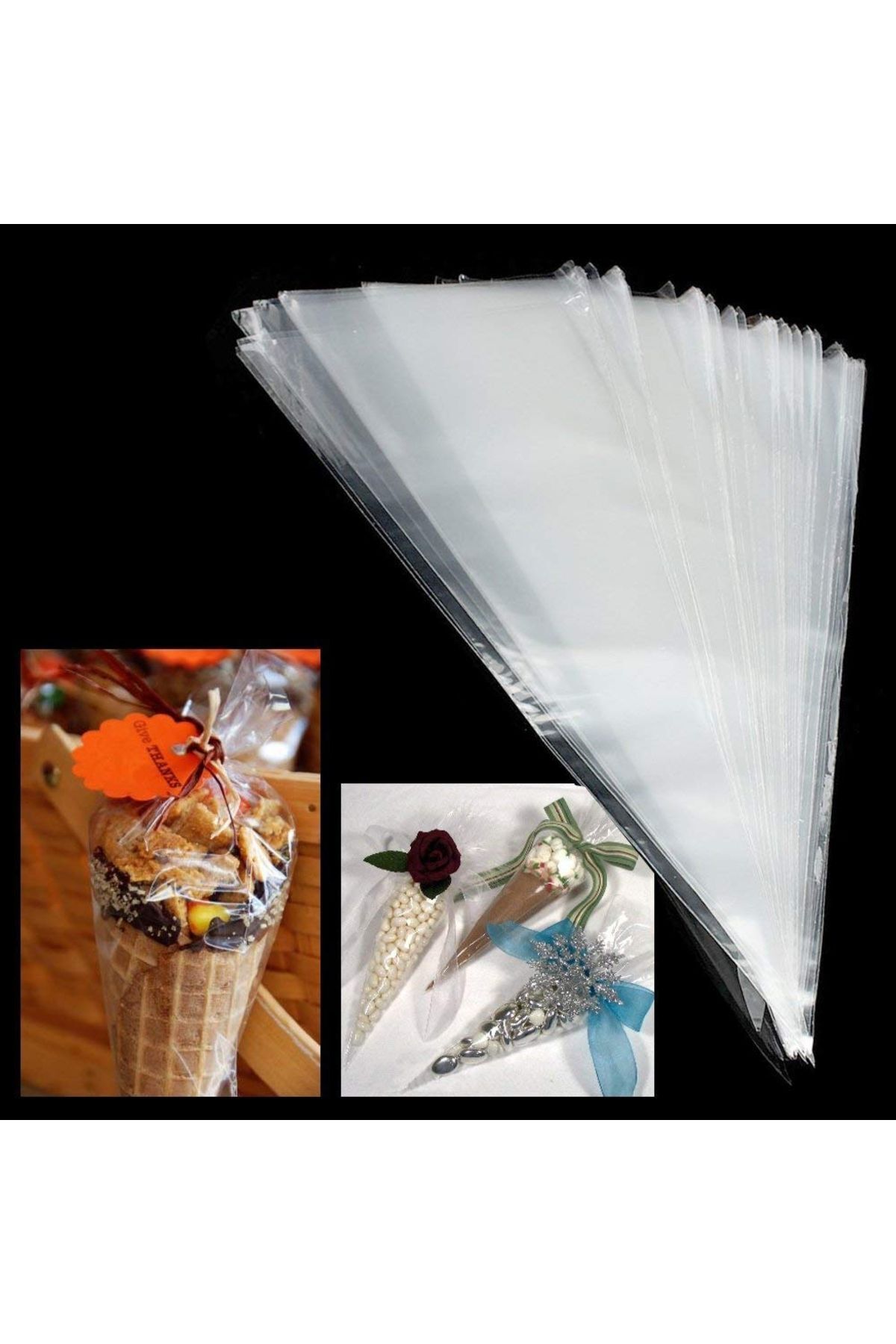 ŞEKERCİYAŞAR Şeker, Beze, Hediye, Kornet, Çiçek, Külah Için Üçgen Konik Poşet 100 Adet