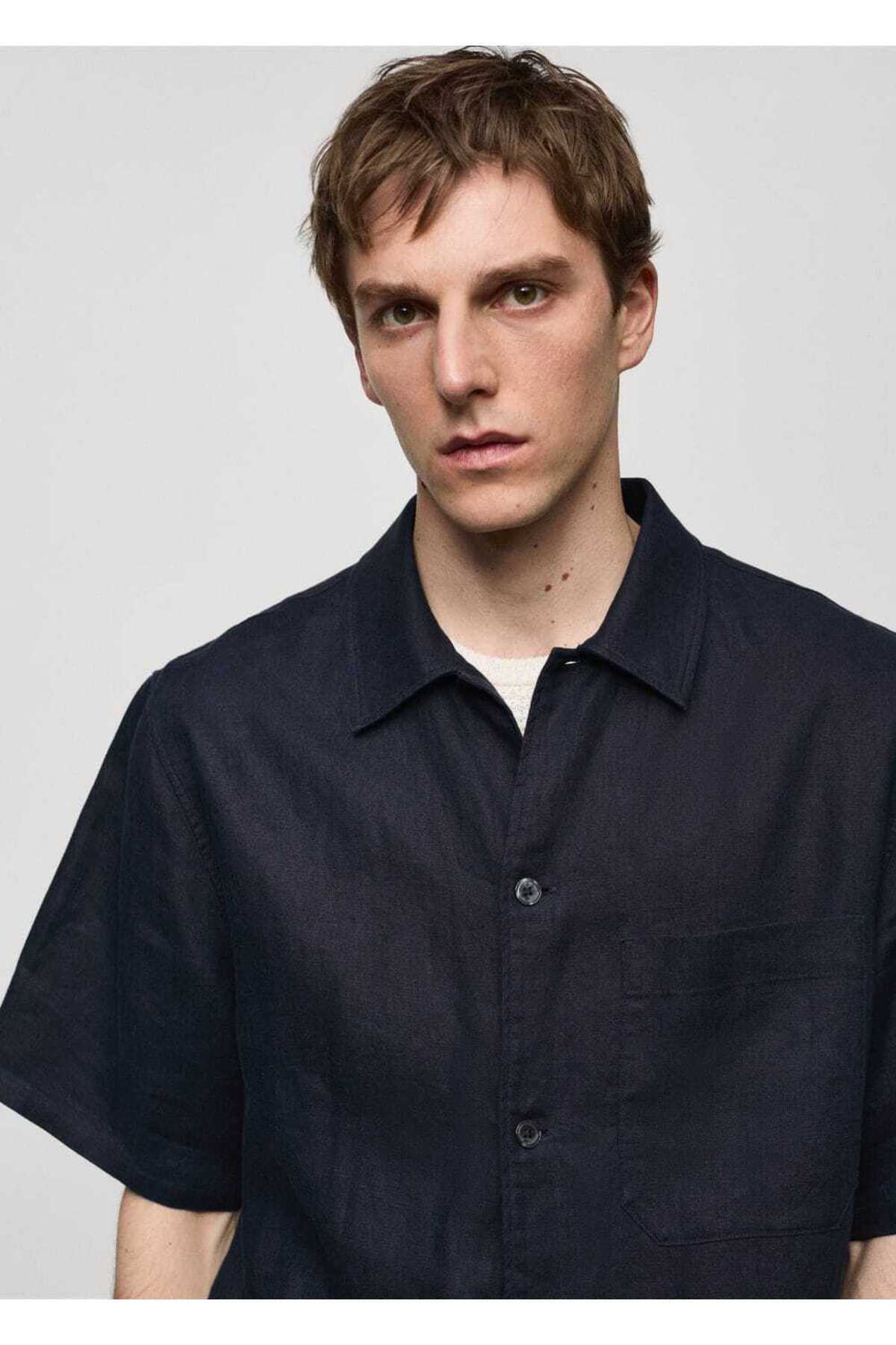 پیراهن مردانه آبی سرمه ای منگوMANGO Man | 67077688 اورجینال - تصویر 7