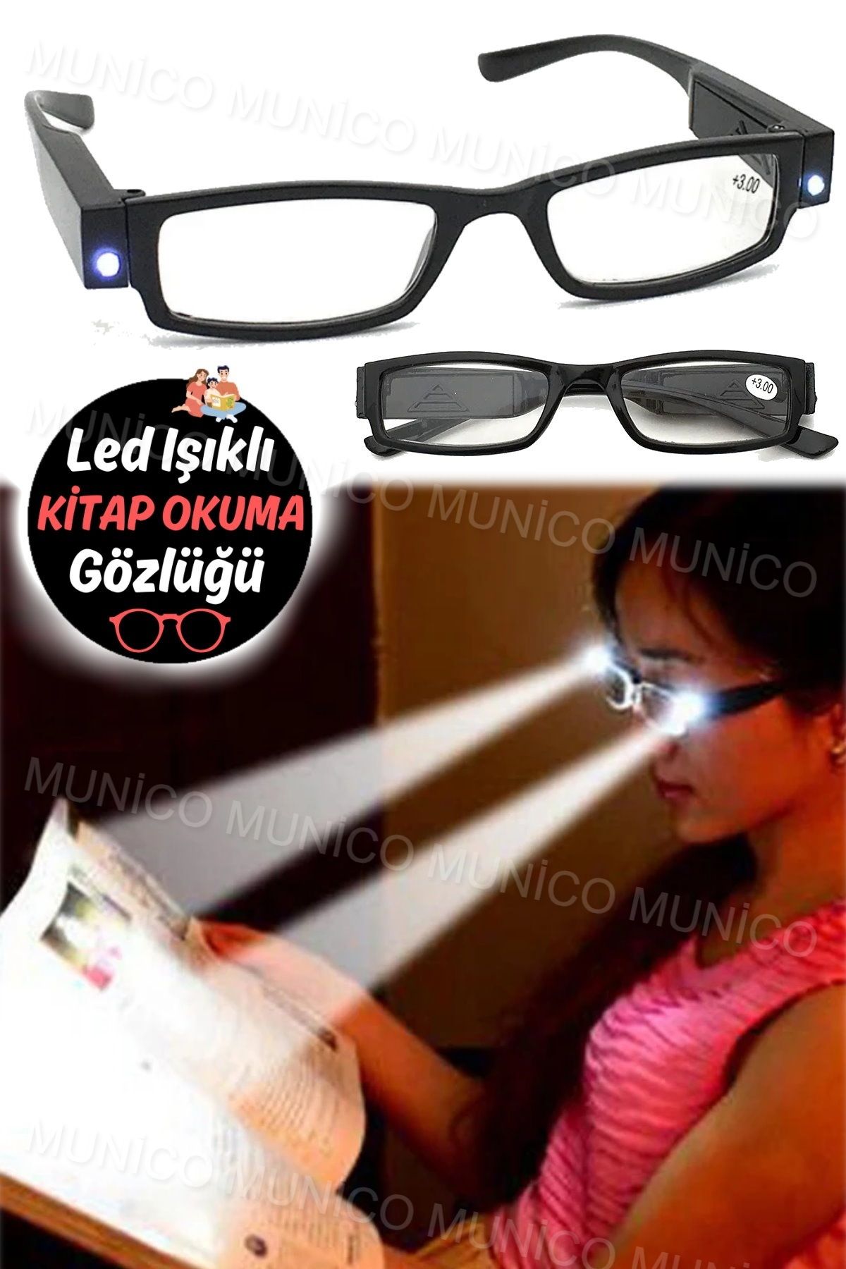 Munico LED Işık Karanlık Aydınlatıcı Gündelik Kullanım Şık LED Işık Diyoptri Unisex Okuma Gözlüğü Kaliteli