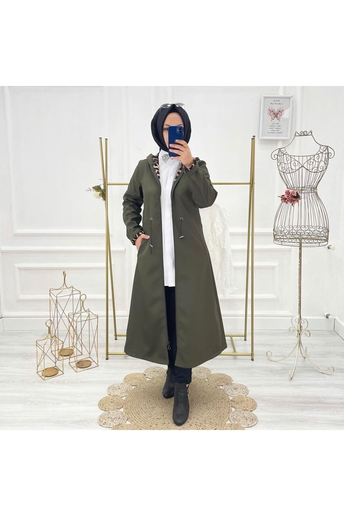 Vibeys Collection Haki Içi Leopar Desenli Ve Kendinden Astarlı Su