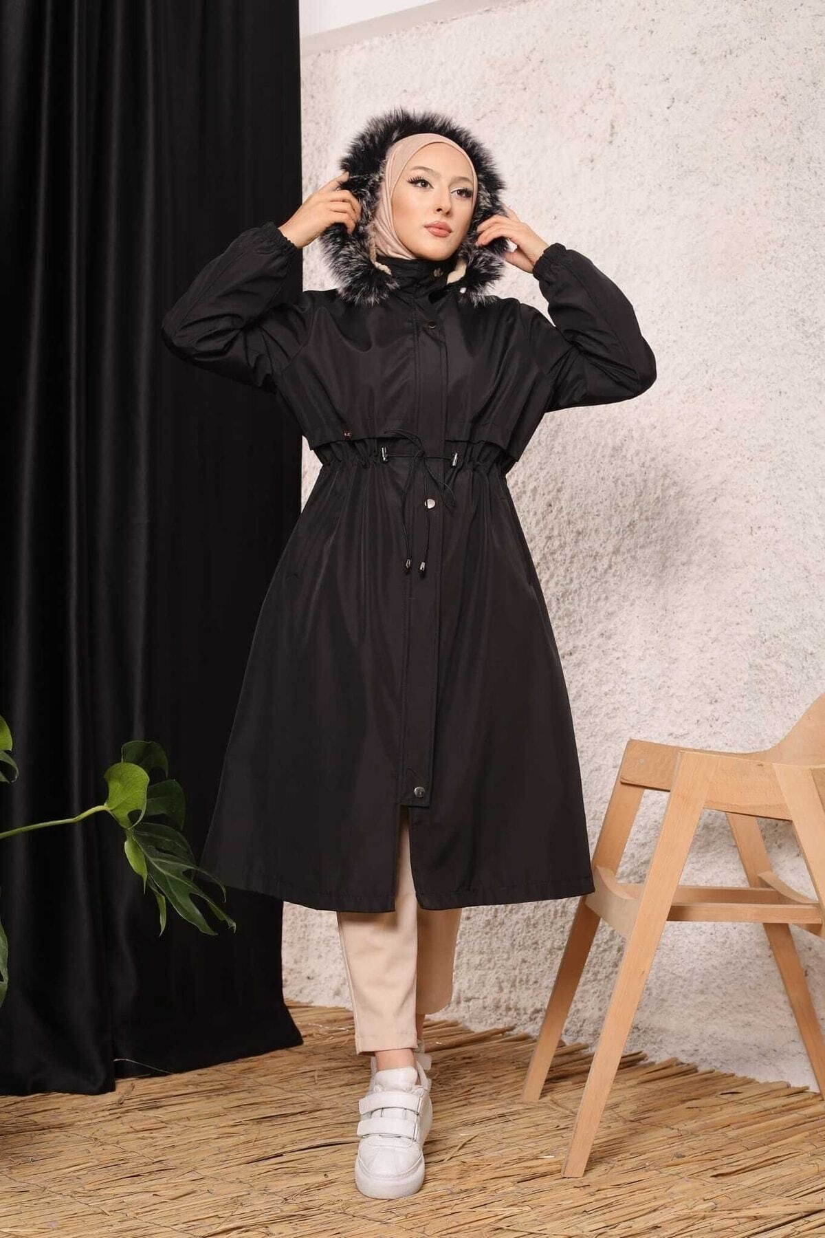 Vibeys Collection Siyah Içi Kürklü Ve Su Geçirmez Büyük Beden Battal Kadın Kışlık Mont & Kaban