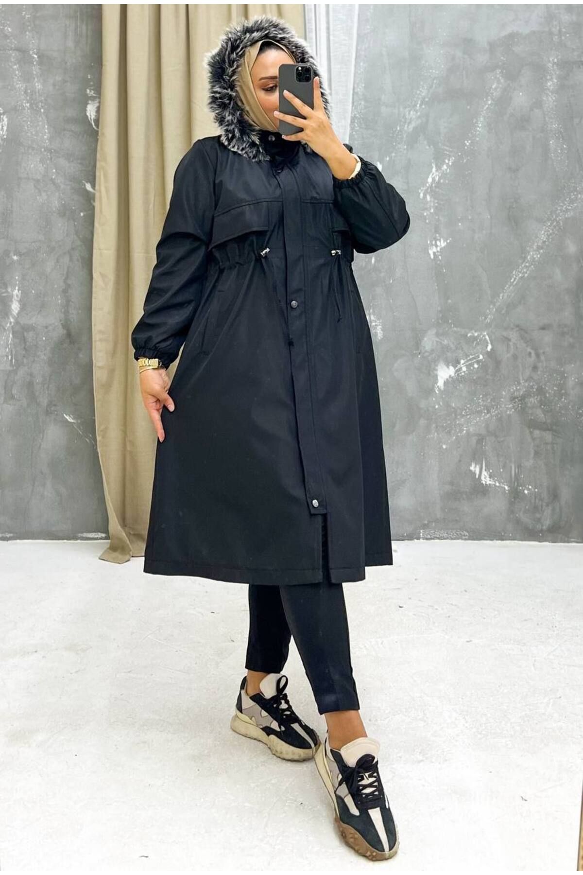 Vibeys Collection Siyah İçi Kürklü Ve Su Geçirmez Büyük Beden Battal Kadın Kışlık Mont & Kaban