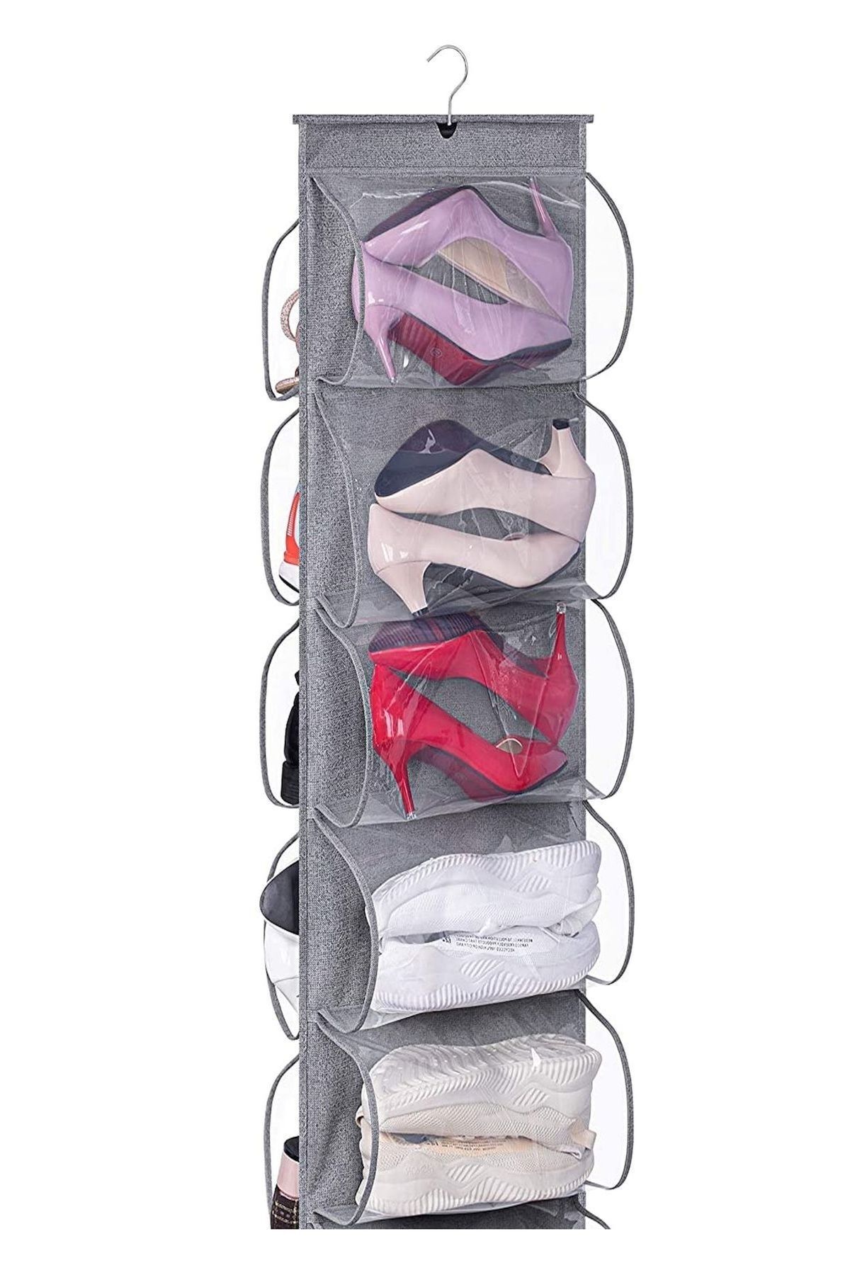 Helen's Home 10 Cepli Dolap Içi Ayakkabı Ve Çanta Düzenleyici Geniş Hacimli Şeffaf Pencereli Organizer 125cmx37cm