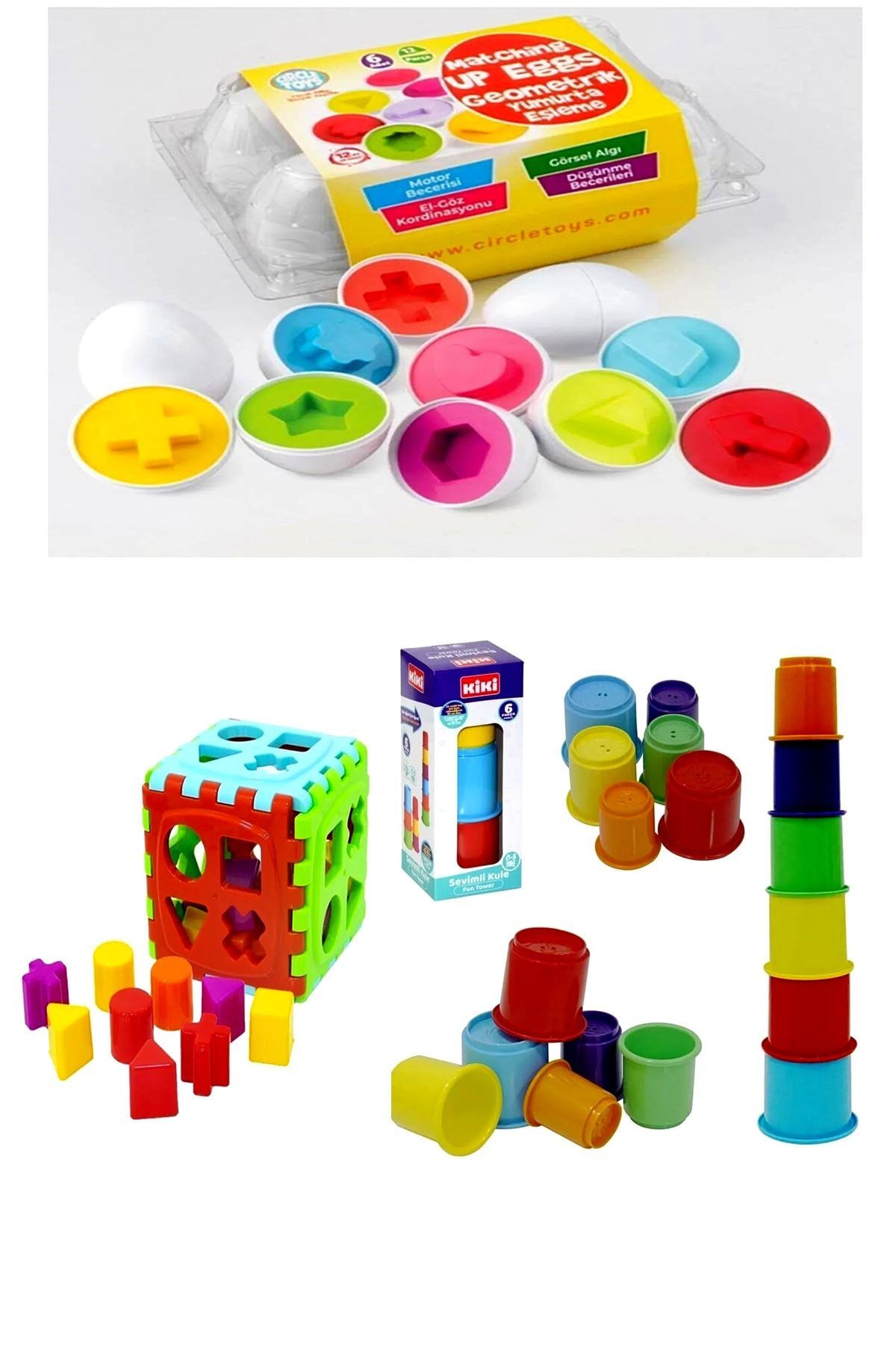 SAZE 6lı Yumurta Eşleştirme Sevimli Bultak Küp Sevimli Kule 6lı gelişim seti 3 farklı oyuncak set