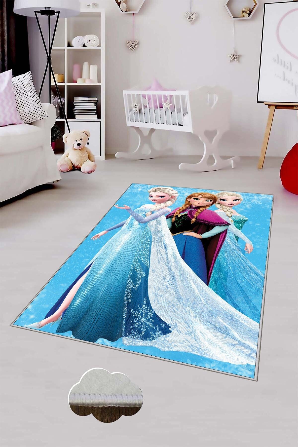 MENTEŞ HOME MENTEŞ Mavi Elsa Desenli Kız Çocuk Yıkanabilir Kaymaz Taban Leke Tutmaz Bebek ve Çocuk Odası Halısı fotoğrafı 2 (önizleme)