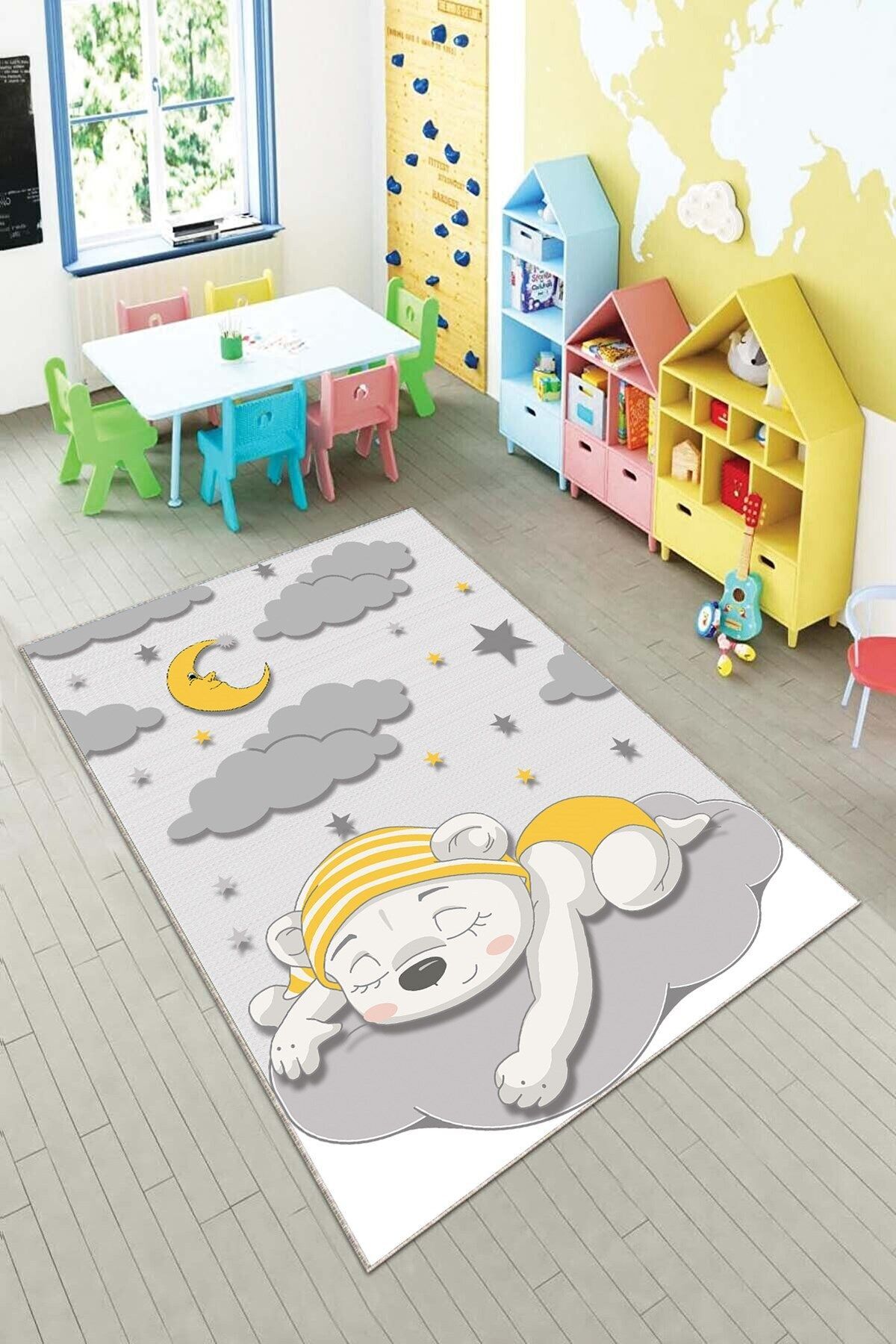 MENTEŞ HOME MENTEŞ Gri Uyuyan Ayıcık Desenli Yıkanabilir Kaymaz Taban Leke Tutmaz Bebek ve Çocuk Odası Halısı fotoğrafı 5 (önizleme)
