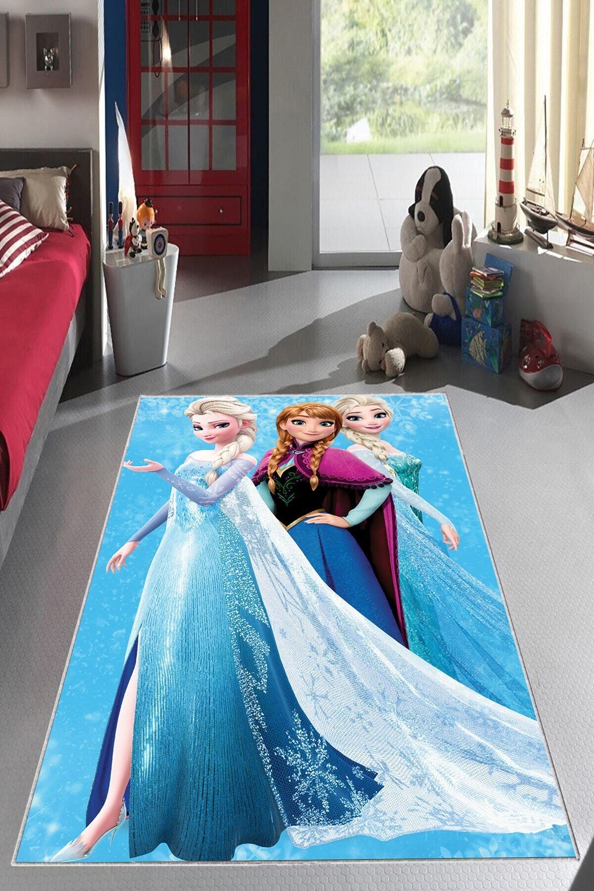 MENTEŞ HOME MENTEŞ Mavi Elsa Desenli Kız Çocuk Yıkanabilir Kaymaz Taban Leke Tutmaz Bebek ve Çocuk Odası Halısı fotoğrafı 5 (önizleme)