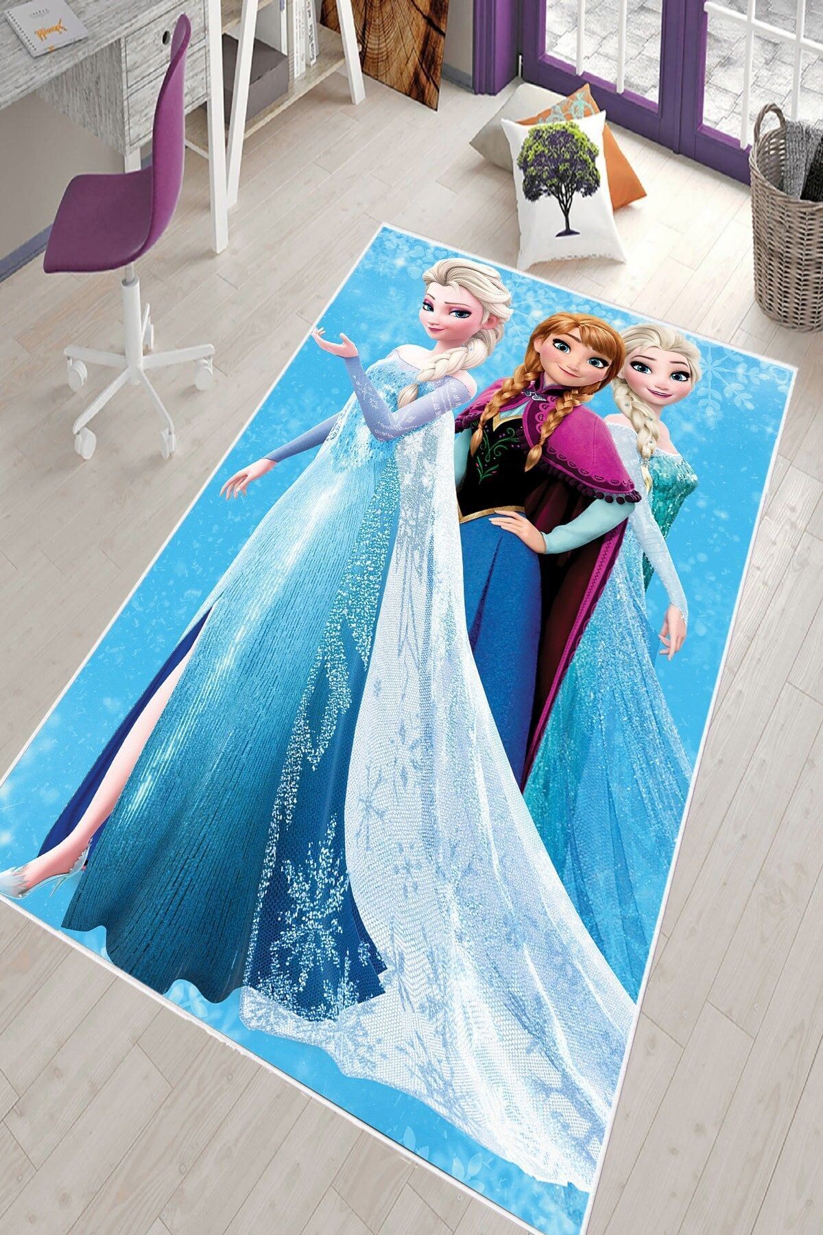 MENTEŞ HOME MENTEŞ Mavi Elsa Desenli Kız Çocuk Yıkanabilir Kaymaz Taban Leke Tutmaz Bebek ve Çocuk Odası Halısı fotoğrafı 3 (önizleme)