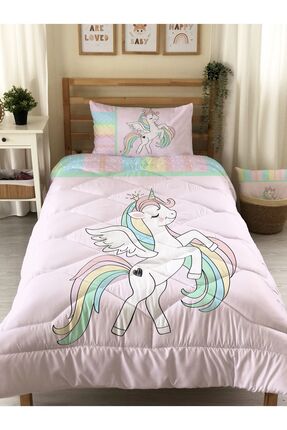 Evmila Sevimli Unicorn Kanatlı At Desenli Çift Taraflı 160x220 cm Çarşafsız T...