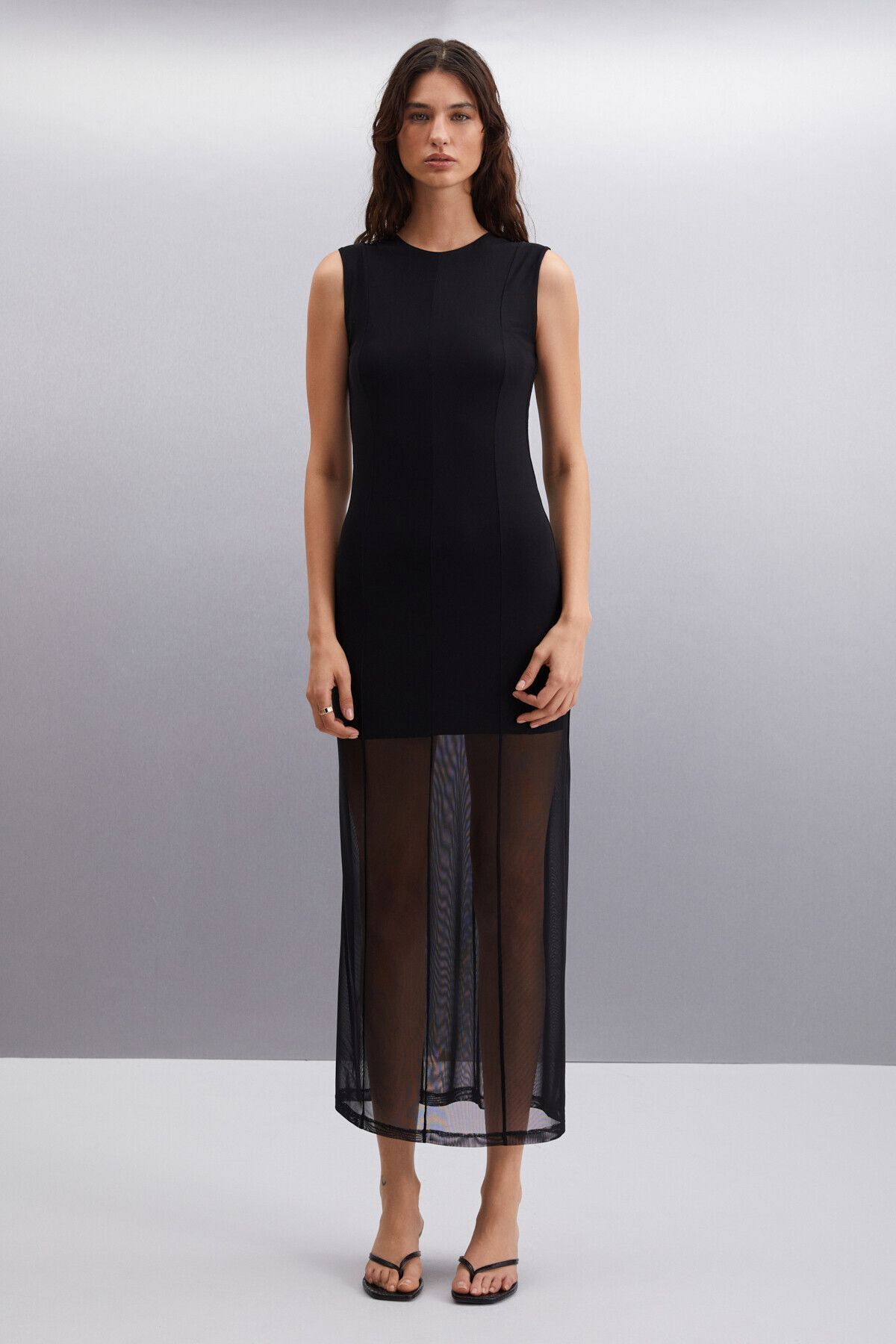 GRIMELANGE-Sıdonıe Damen-Tüll-Mesh-Stoff, halbgefüttert, ärmelloses schwarzes Kleid mit Nahtdetails 3