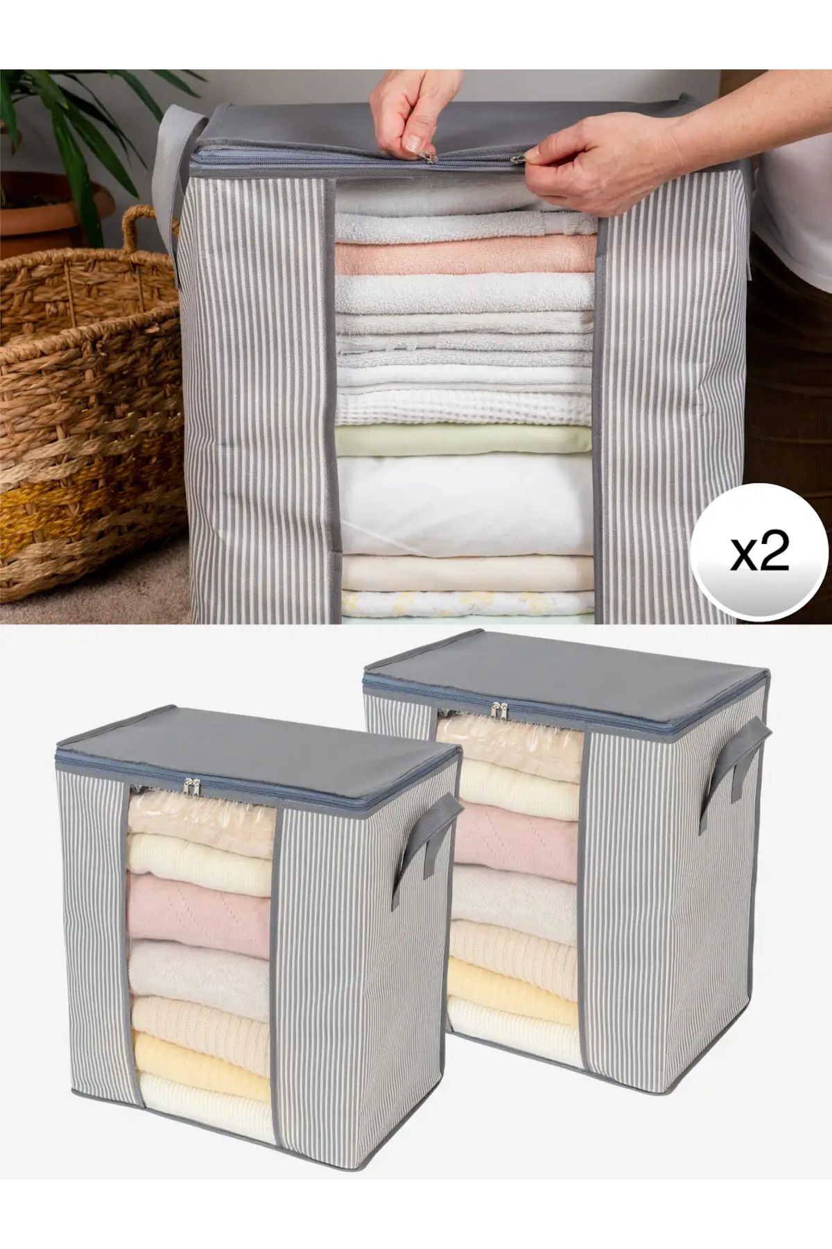 AYHANHOME Haine Cu Dungi De Culoare Bej 2 Piese - Organizator Pătură Piqué, Depozitare 45x30x50 Cm - One Size