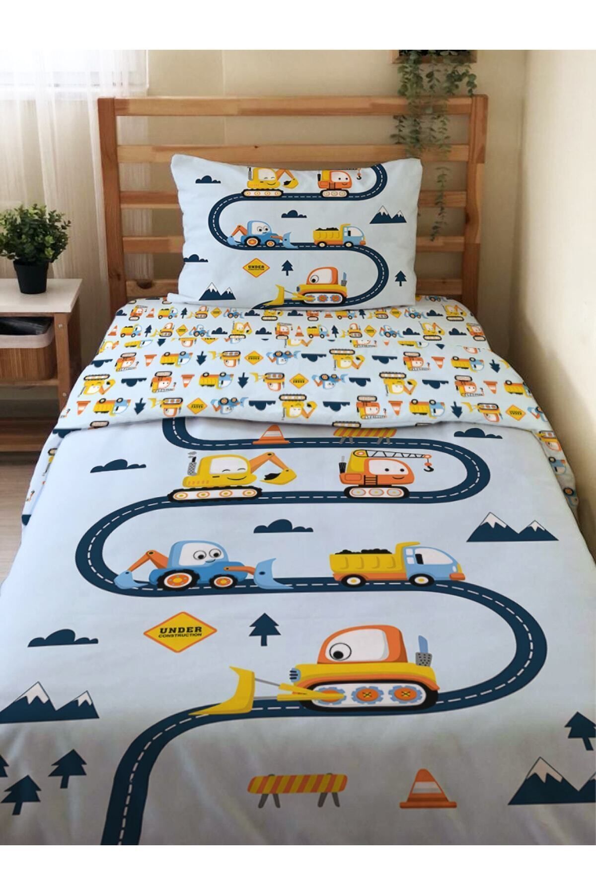 Evmila Set De Lenjerie De Pat Cu Două Fețe Pentru Vehicule De Construcții Cu Model - Imprimat, Albastru - One Size