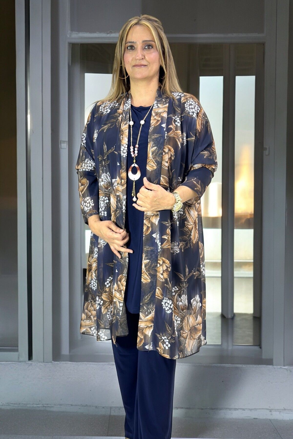 yagmurberen-Plus Size 3-Piece Set - Unlined Chiffon Jacket, Elastic Waist Blouse and Buzzy Kumash Pants 7