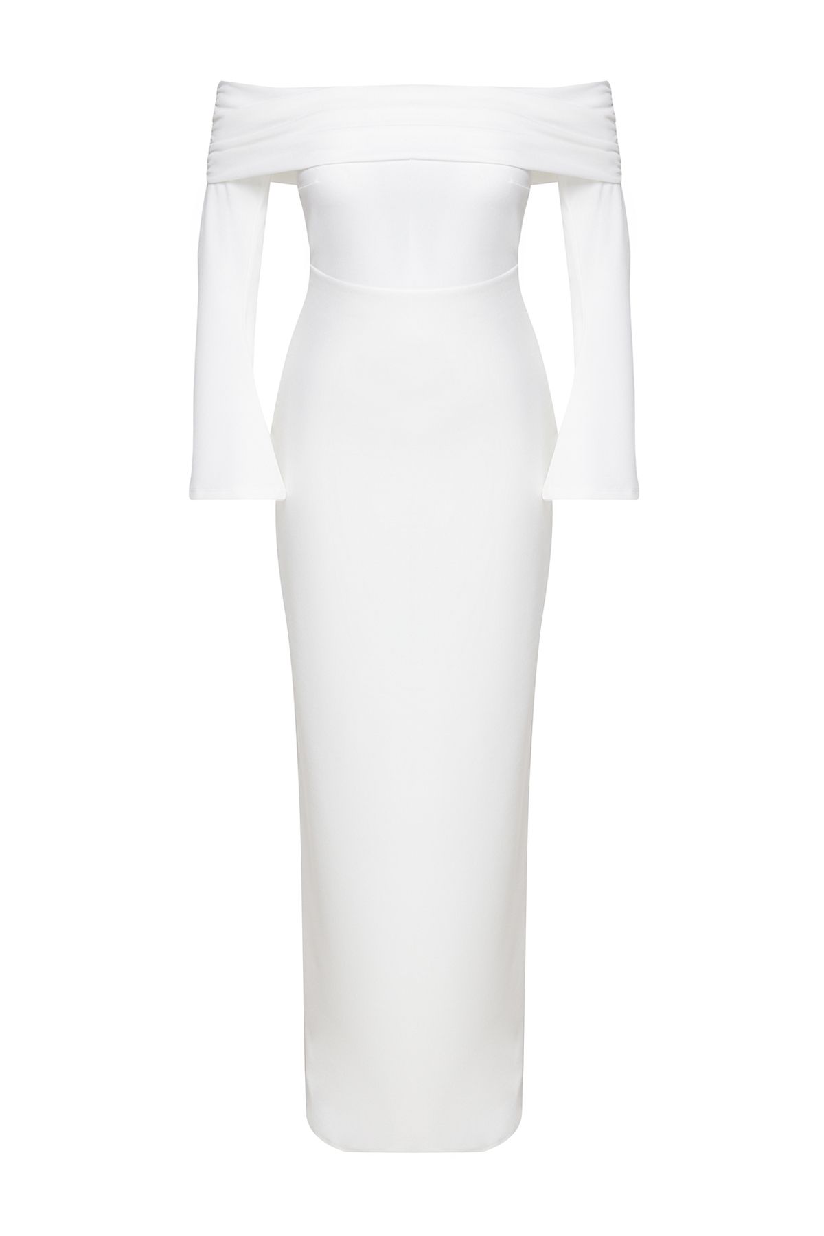Trendyol Collection-Biała sukienka wieczorowa z dekoltem Carmen, dzianinowa, długa, stylowa Tprss24Ae00204 6