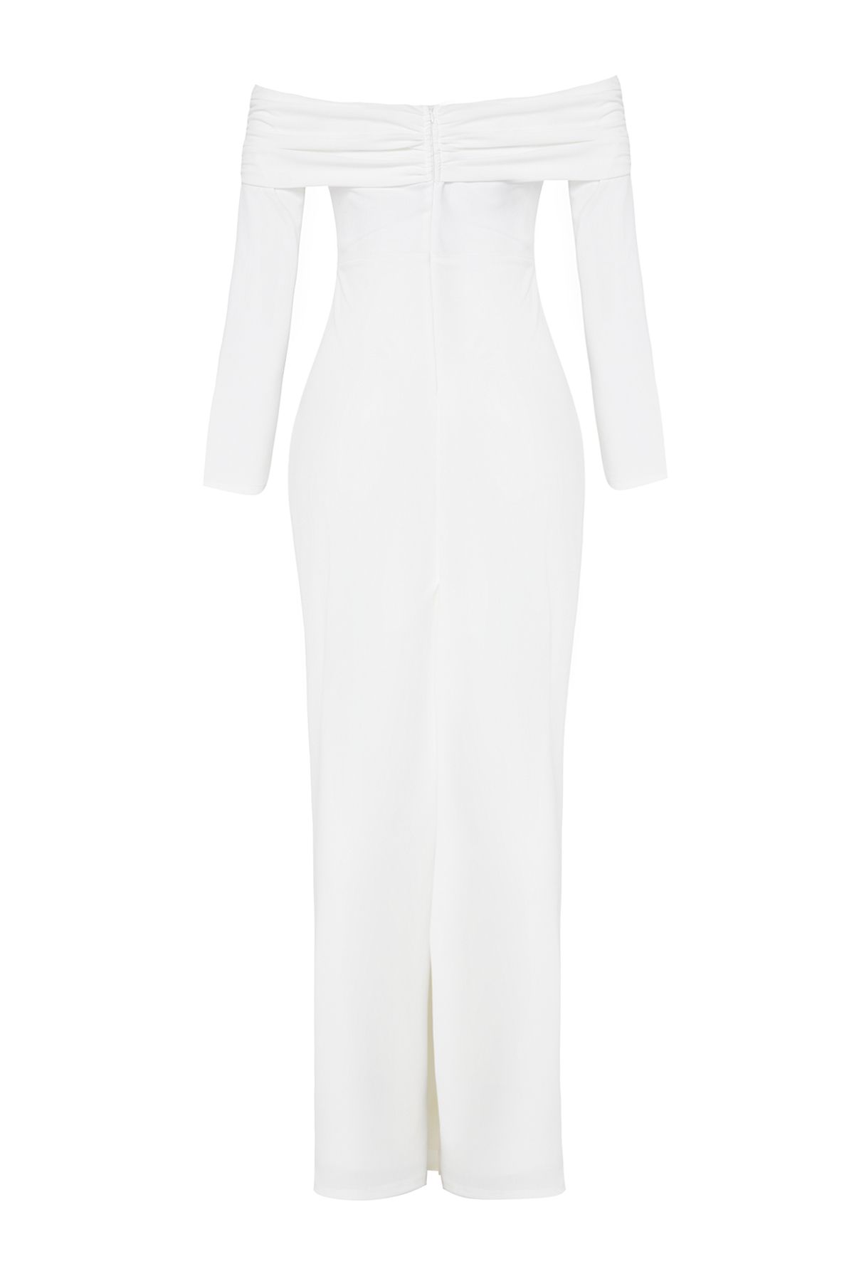 Trendyol Collection-Biała sukienka wieczorowa z dekoltem Carmen, dzianinowa, długa, stylowa Tprss24Ae00204 7