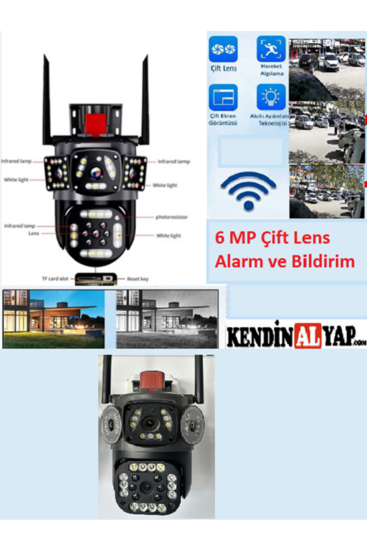 kendinalyap 6MP Çift Panaromik Lensli PTZ WiFi Güvenlik Kamerası Hareket Takipli Gece Görüşlü Alarm Bildirimli
