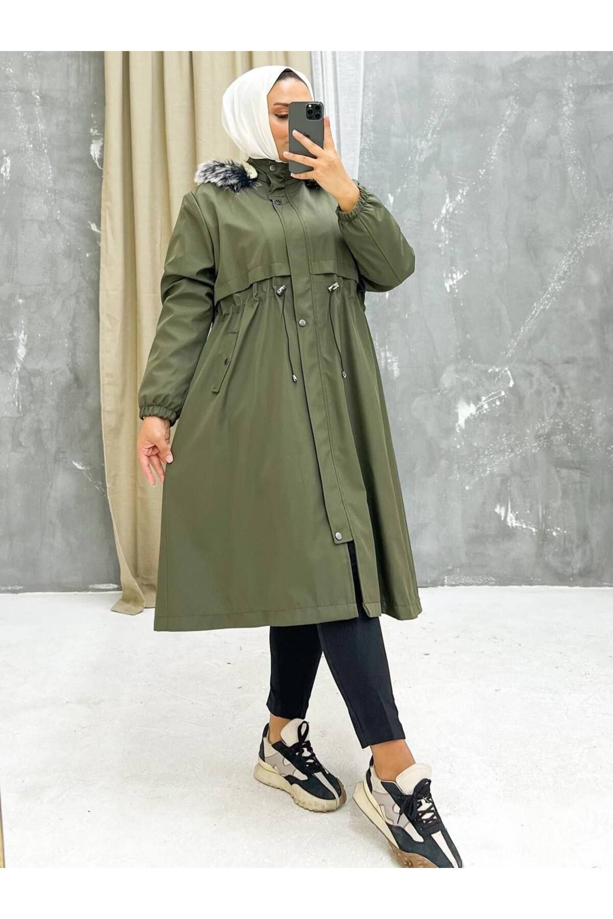 Marjinal City Haki İçi Kürklü Ve Su Geçirmez Büyük Beden Battal Kadın Kışlık Mont & Kaban