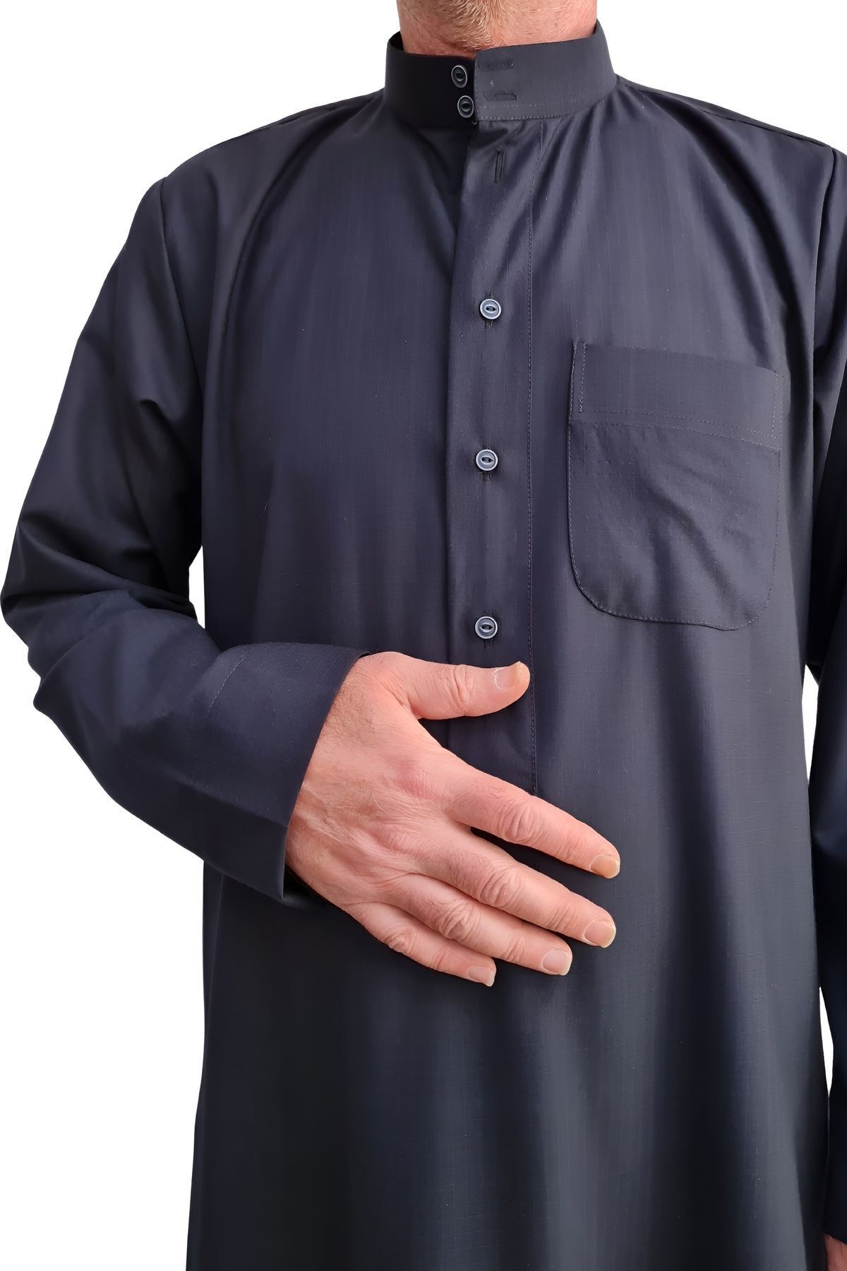 Royal Attire-تصميم الحج والعمرة السعودي - أزرار أمامية مفتوحة، أكمام طويلة وبدون أزرار، جيوب 2