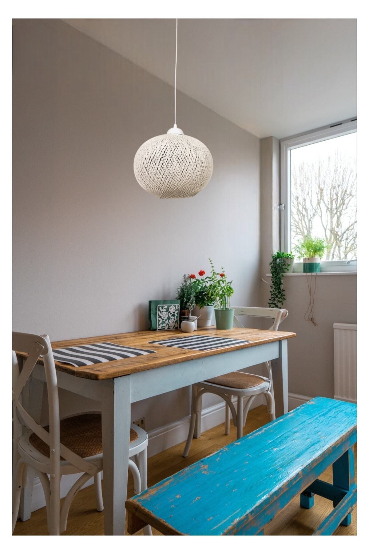 Tek-İş-Cream Color Chandelier 30 cm Diameter Rope Pendant Lamp Large Size Ball 5